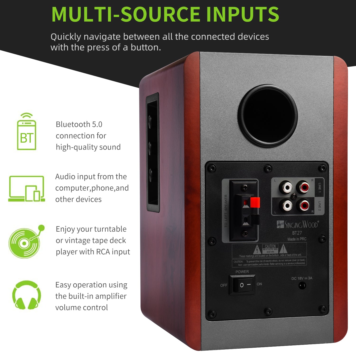 Singing Wood BT27 Powered Bluetooth Bookshelf Speaker - Walnut