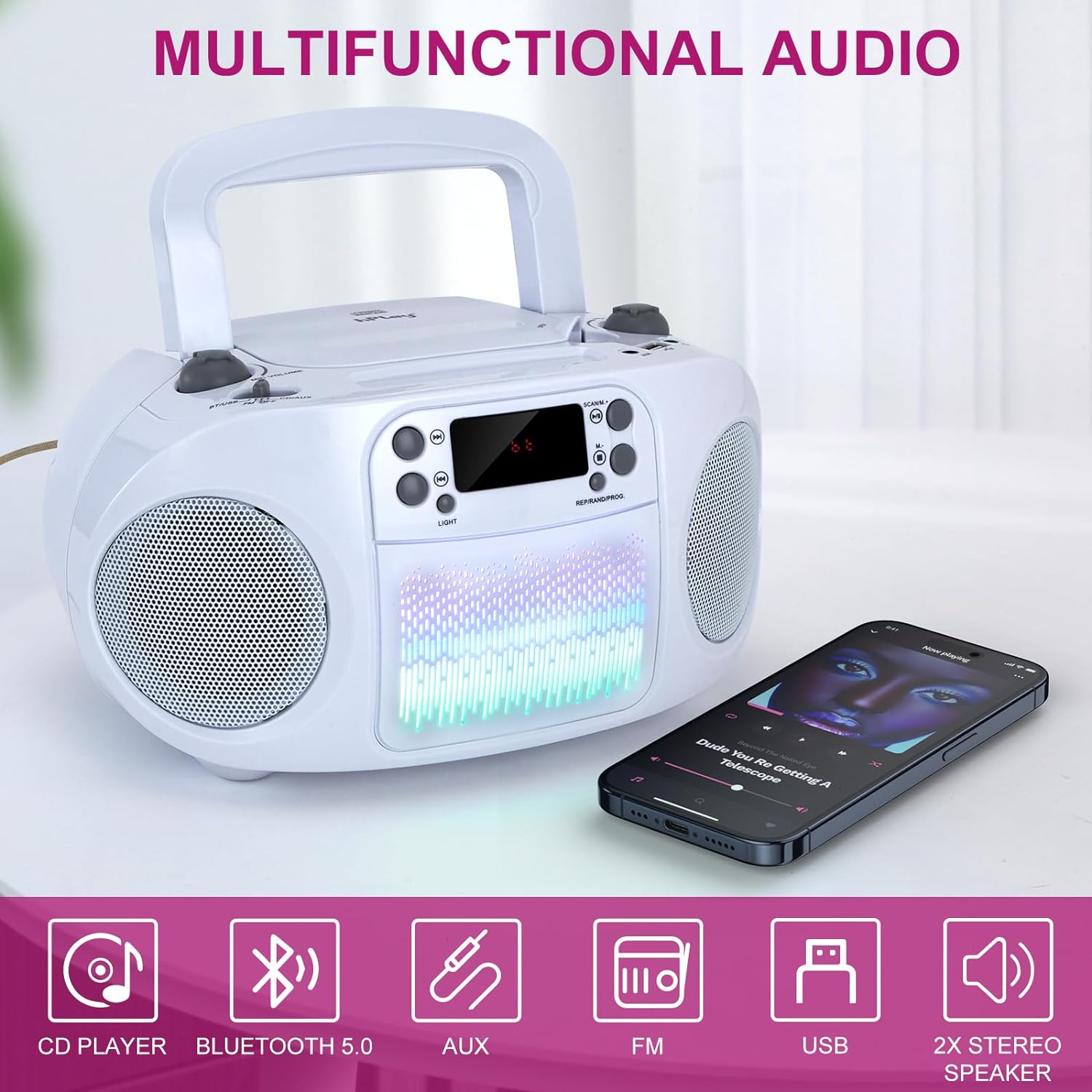 GC09 Kids Boombox, Top Loading CD Player, Bluetooth connectivity for Smartphones - White
