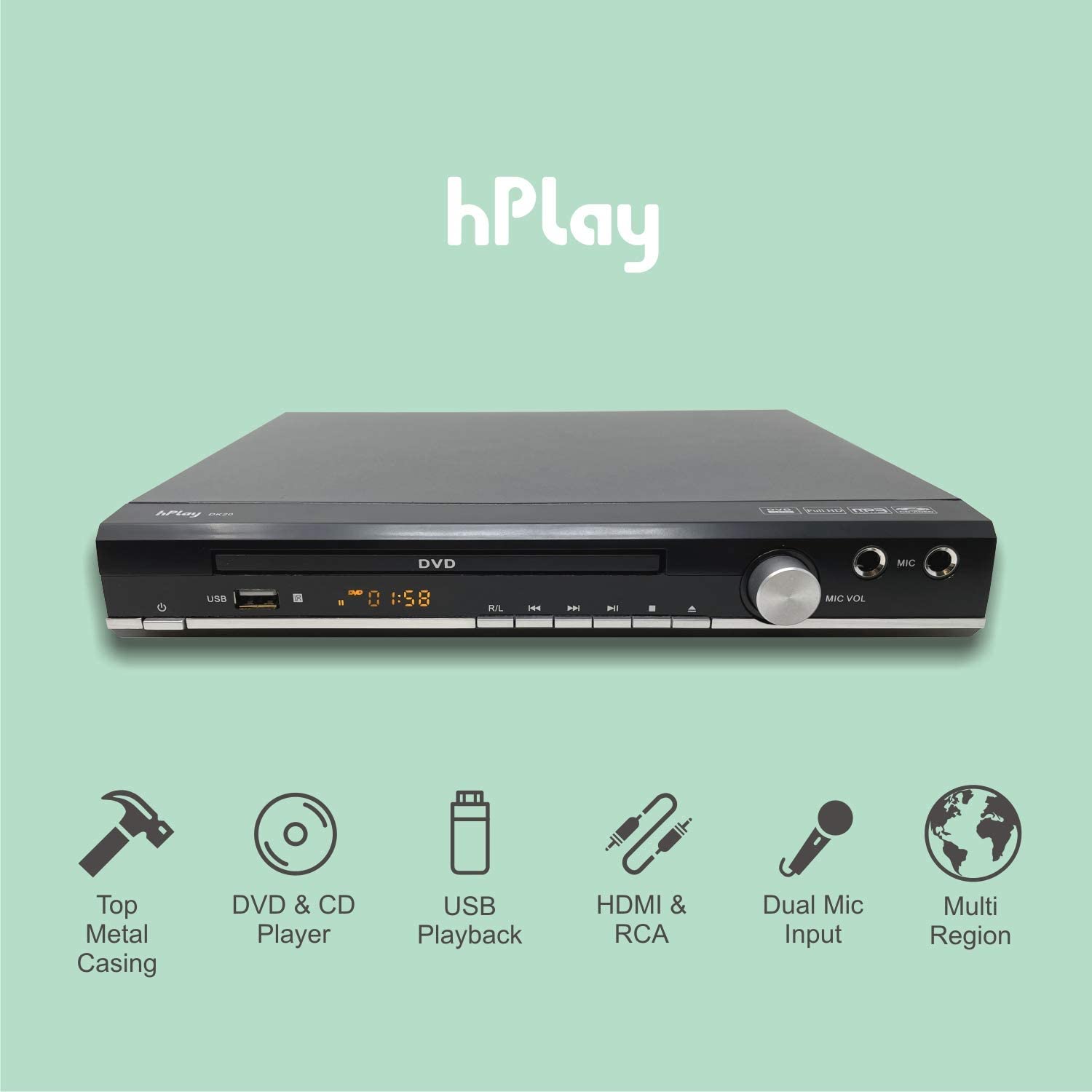 hPlay DK20 Up-Convert to 1080P DVD, CD Multimedia Player, Region Free, 2 Microphone Input