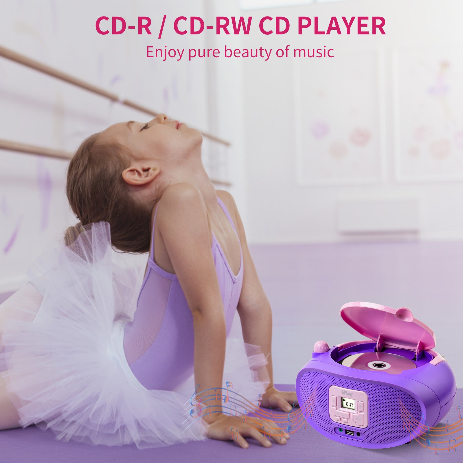 hPlay Gummy GC04B Portable CD Player Boombox with FM Stereo Radio & USB Playback - Violet