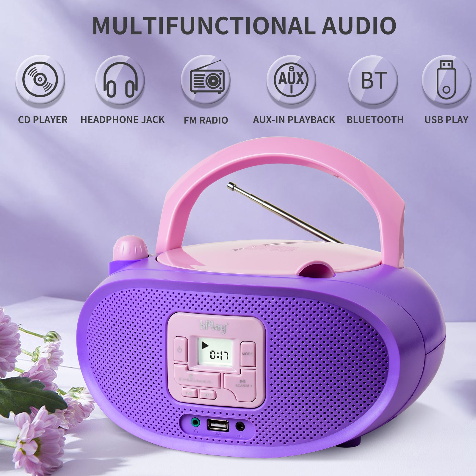hPlay Gummy GC04B Portable CD Player Boombox with FM Stereo Radio & USB Playback - Violet