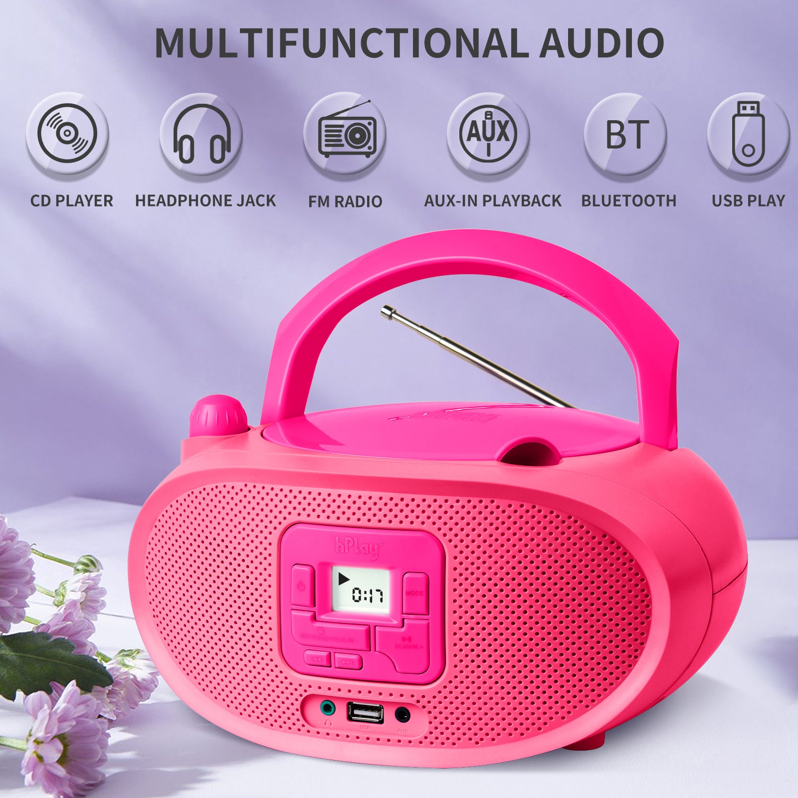 hPlay Gummy GC04B Portable CD Player Boombox with FM Stereo Radio & USB Playback - Pink