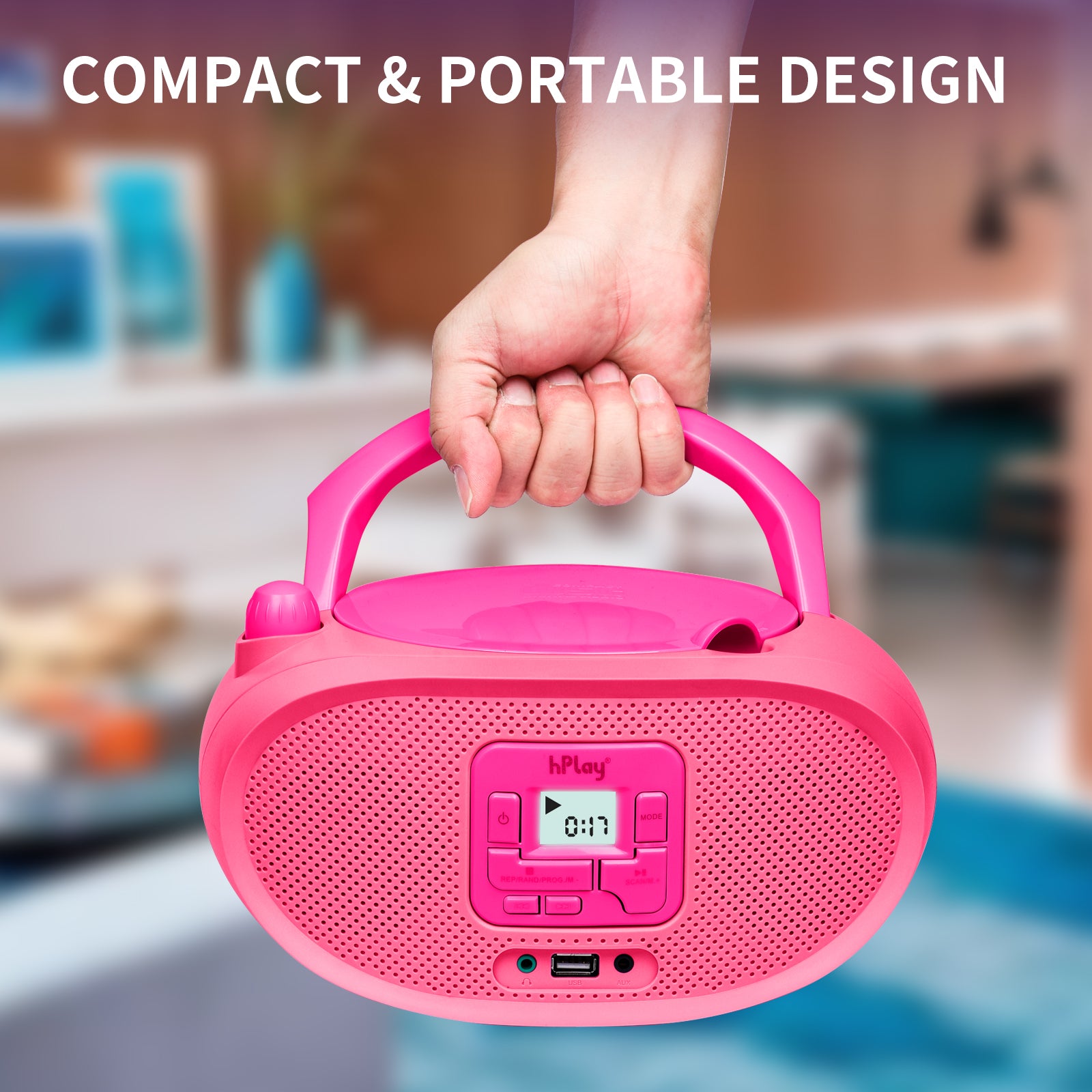 hPlay Gummy GC04B Portable CD Player Boombox with FM Stereo Radio & USB Playback - Pink