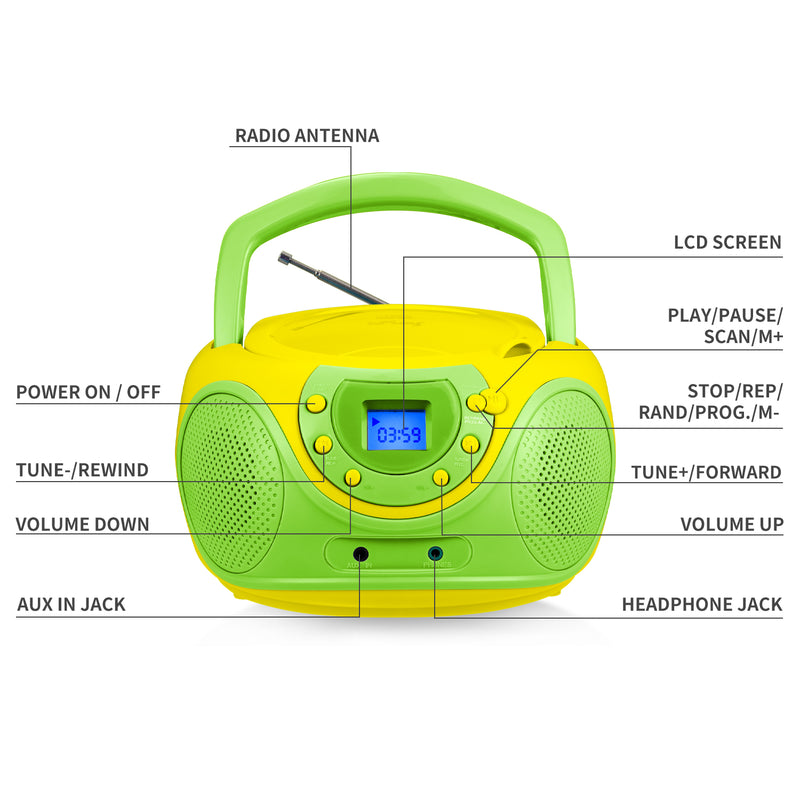 hPlay P16 Portable CD Player Boombox AM FM Digital Tuning Radio (Lime)