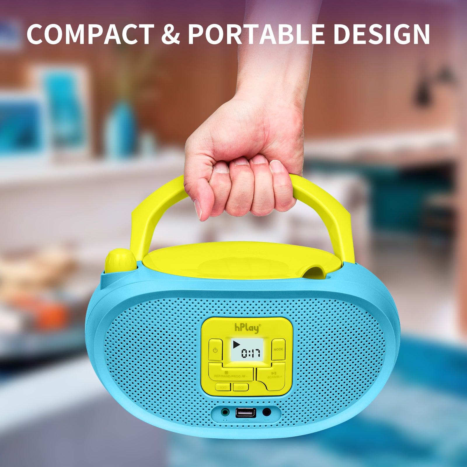 hPlay Gummy GC04B Portable CD Player Boombox with FM Stereo Radio & USB Playback - Cyan