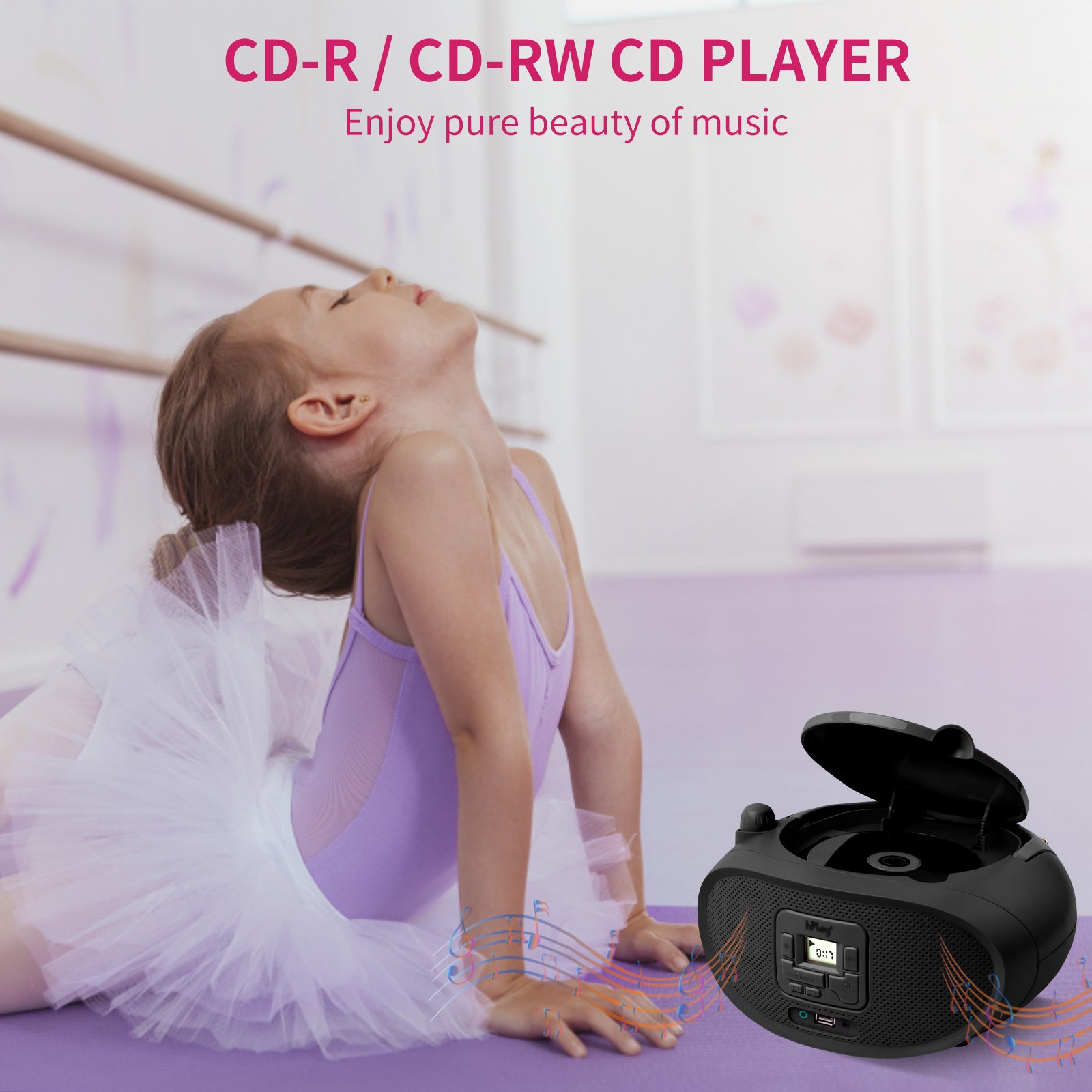 hPlay Gummy GC04B Portable CD Player Boombox with FM Stereo Radio & USB Playback - Black