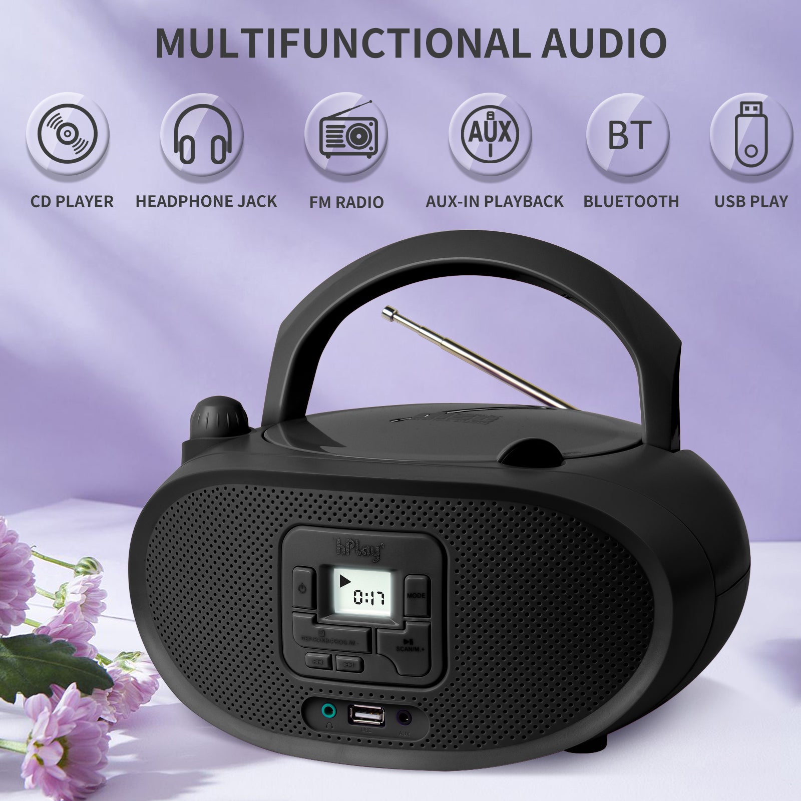 hPlay Gummy GC04B Portable CD Player Boombox with FM Stereo Radio & USB Playback - Black