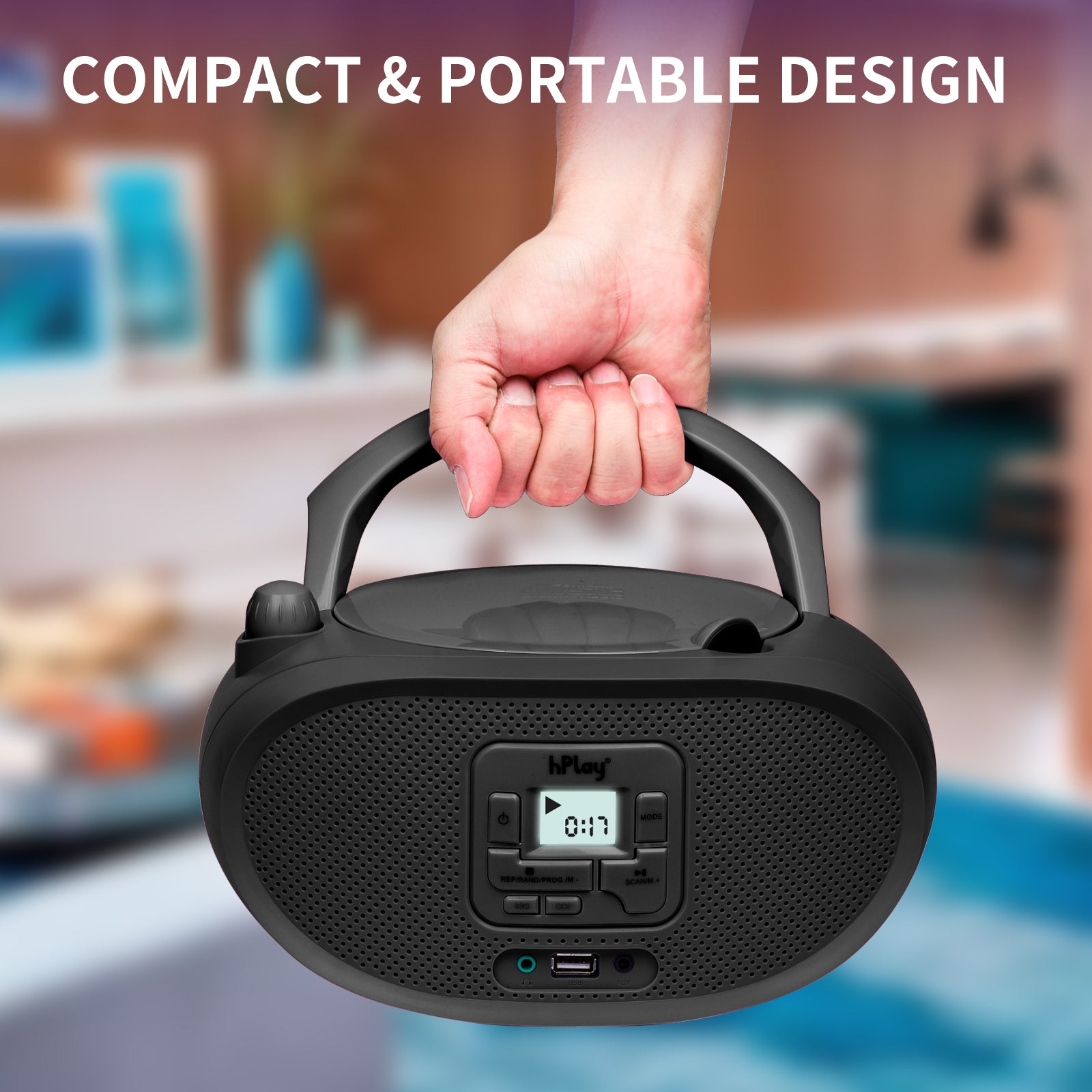 hPlay Gummy GC04B Portable CD Player Boombox with FM Stereo Radio & USB Playback - Black