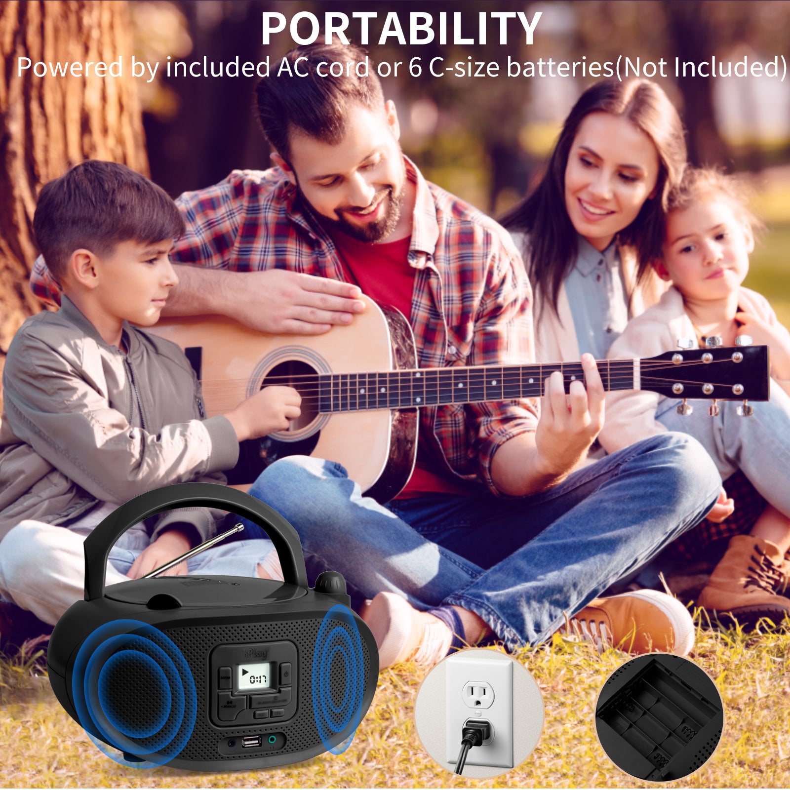 hPlay Gummy GC04B Portable CD Player Boombox with FM Stereo Radio & USB Playback - Black