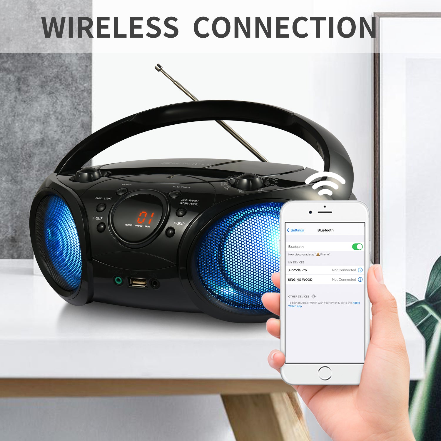 SBX030BTL Boombox w/ LED Light (Phantom Black)