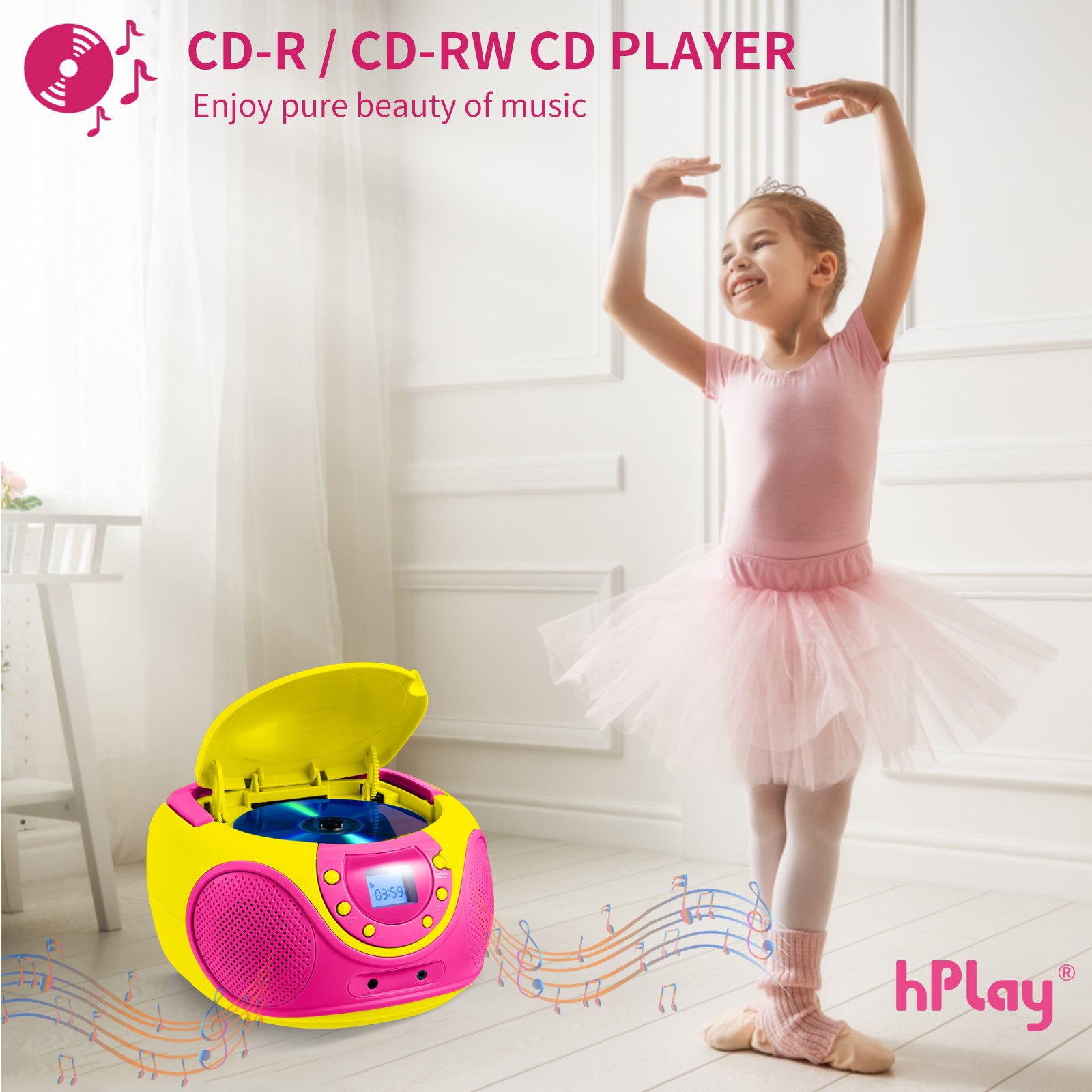 hPlay P16 Portable CD Player Boombox AM FM Digital Tuning Radio (Pink)