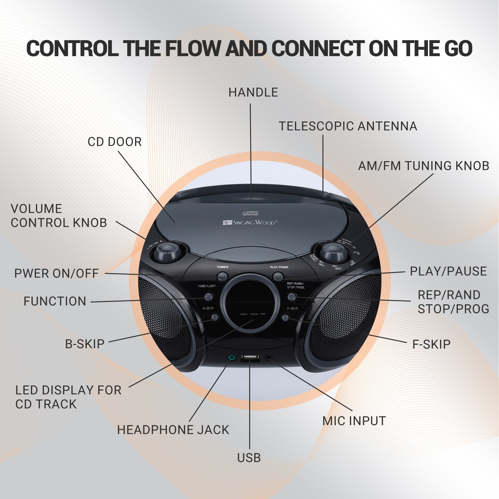 SingingWood NP030AB Portable Karaoke System, Portable CD Player Boombox - Black