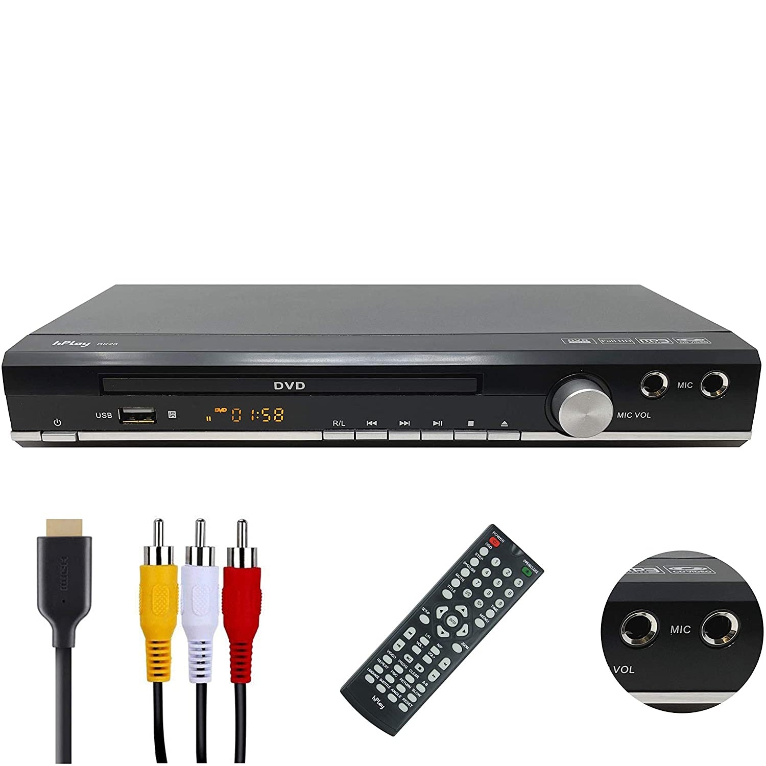 hPlay DK20 Up-Convert to 1080P DVD, CD Multimedia Player, Region Free, 2 Microphone Input