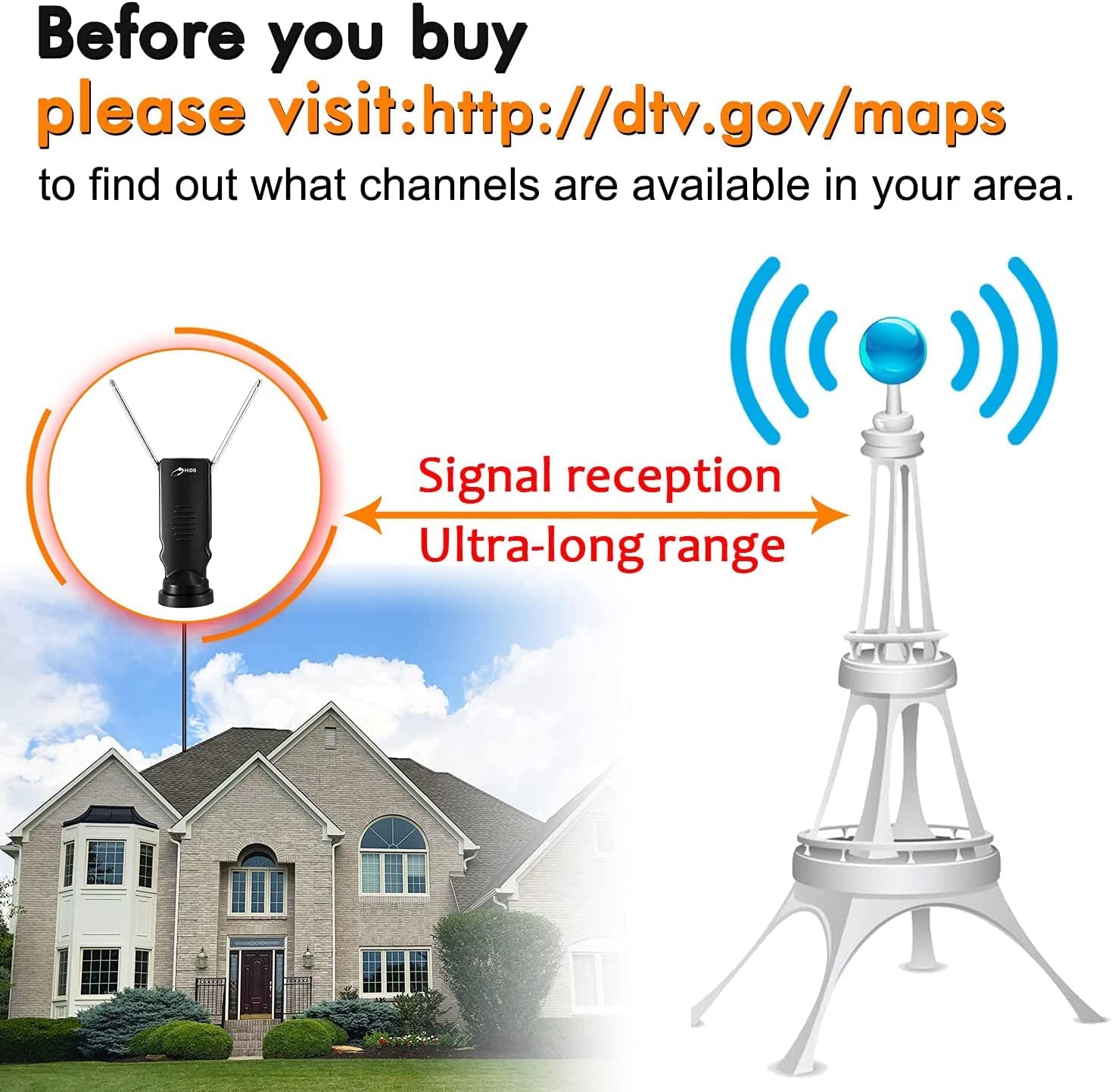 HIDB TV Antenna for Smart TV, Long Range Rabbit Ears Indoor TV Antenna