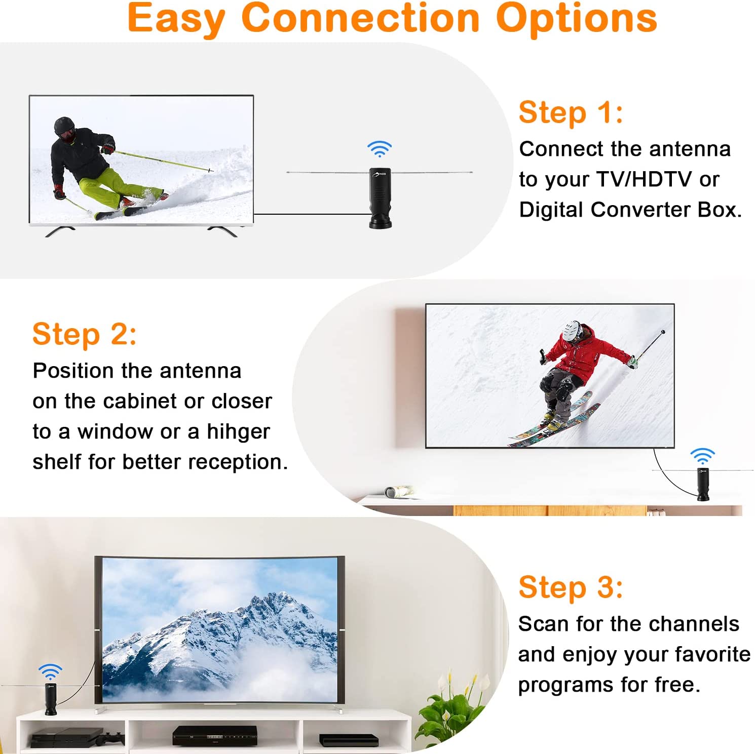 HIDB TV Antenna for Smart TV, Long Range Rabbit Ears Indoor TV Antenna