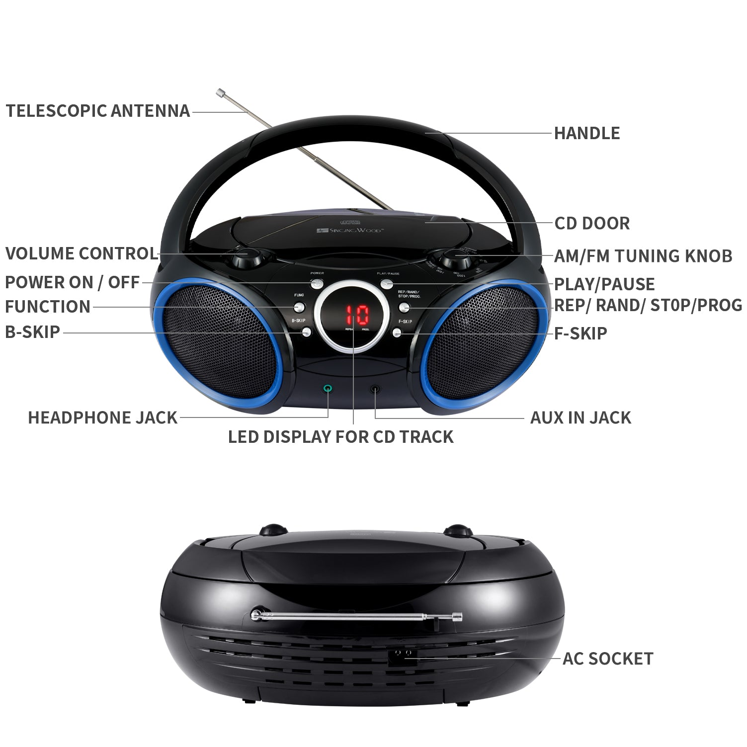 SBX030C Portable CD Player Boombox  (Blue Rims)