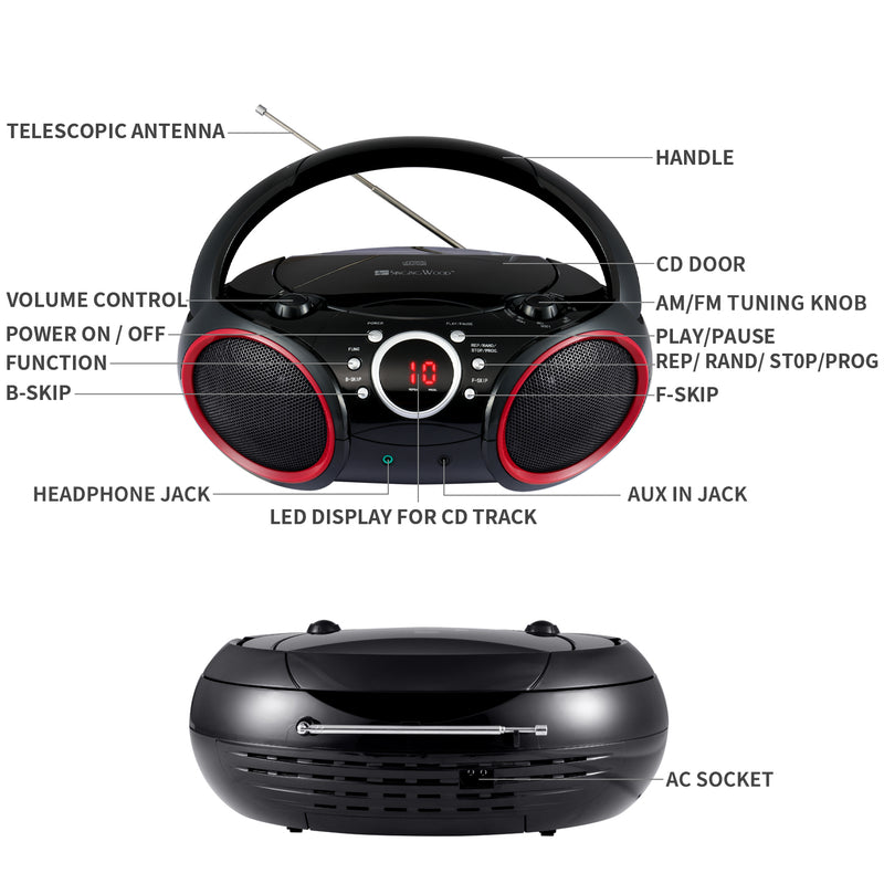 SBX030C Portable CD Player Boombox  (Red Rims)