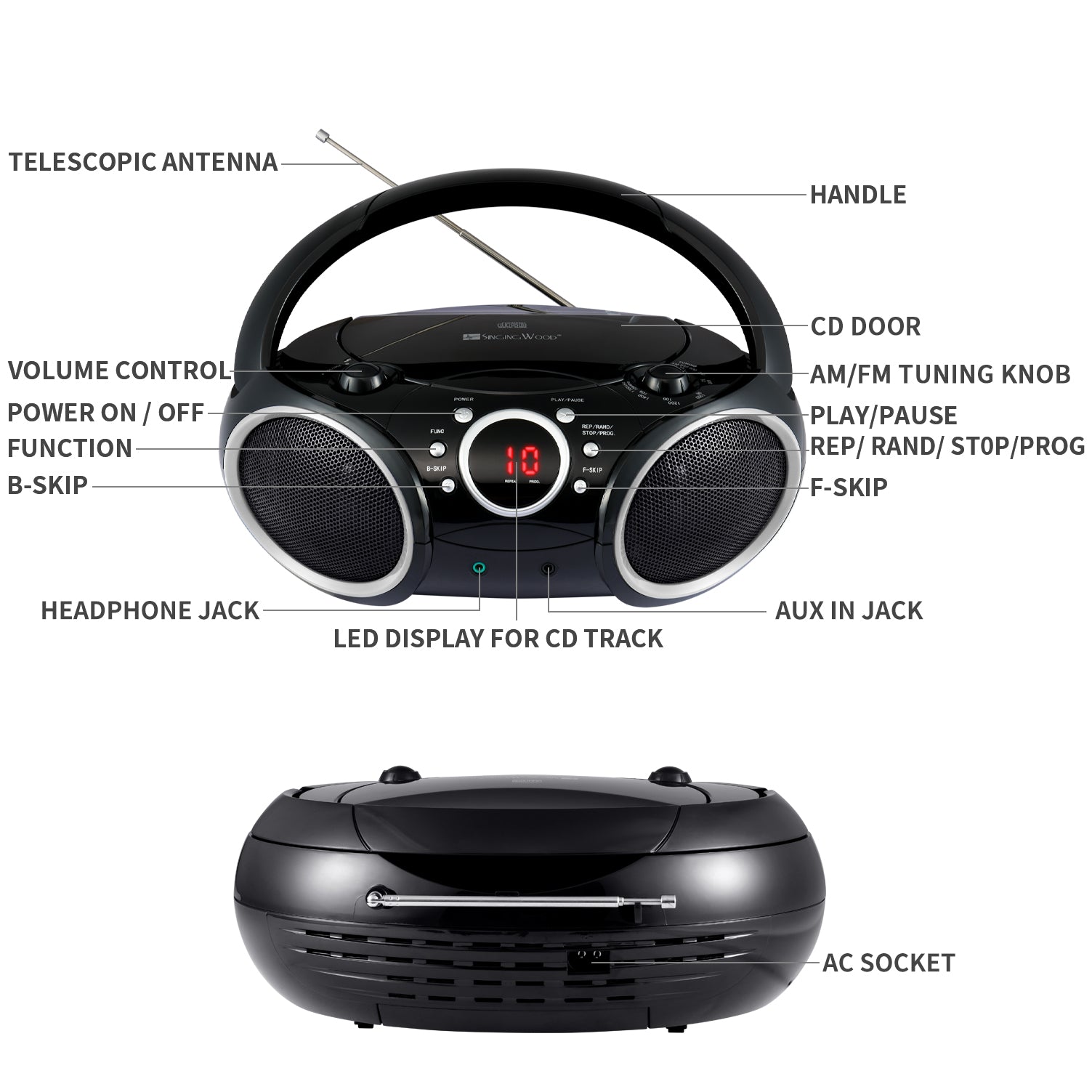 SBX030C Portable CD Player Boombox  (Grey Rims)