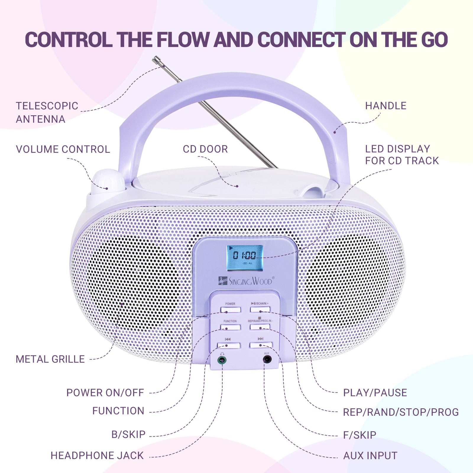 SingingWood GC01 Macarons Series Portable CD Player Boombox - Lavender
