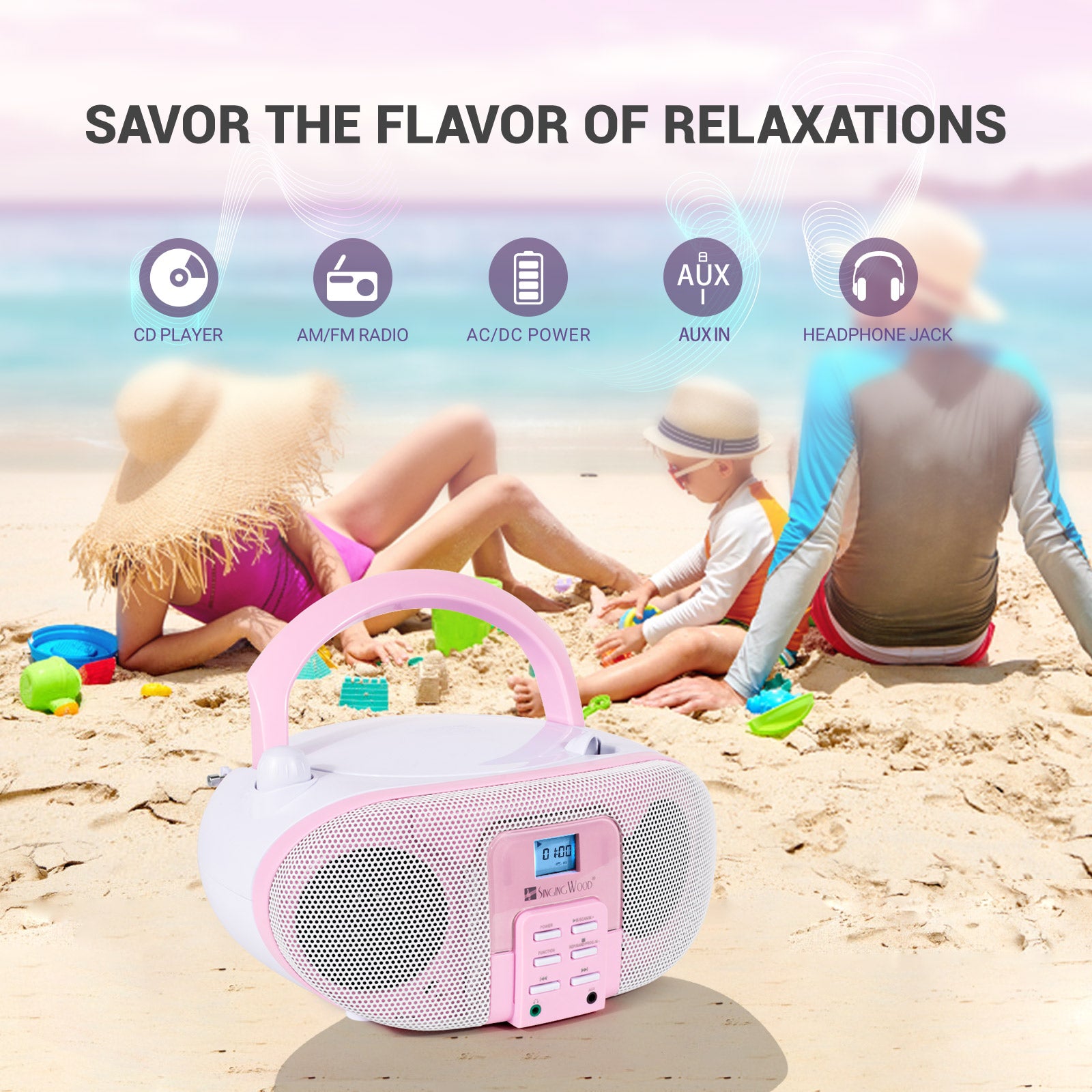 SingingWood GC01 Macarons Series Portable CD Player Boombox - Rose