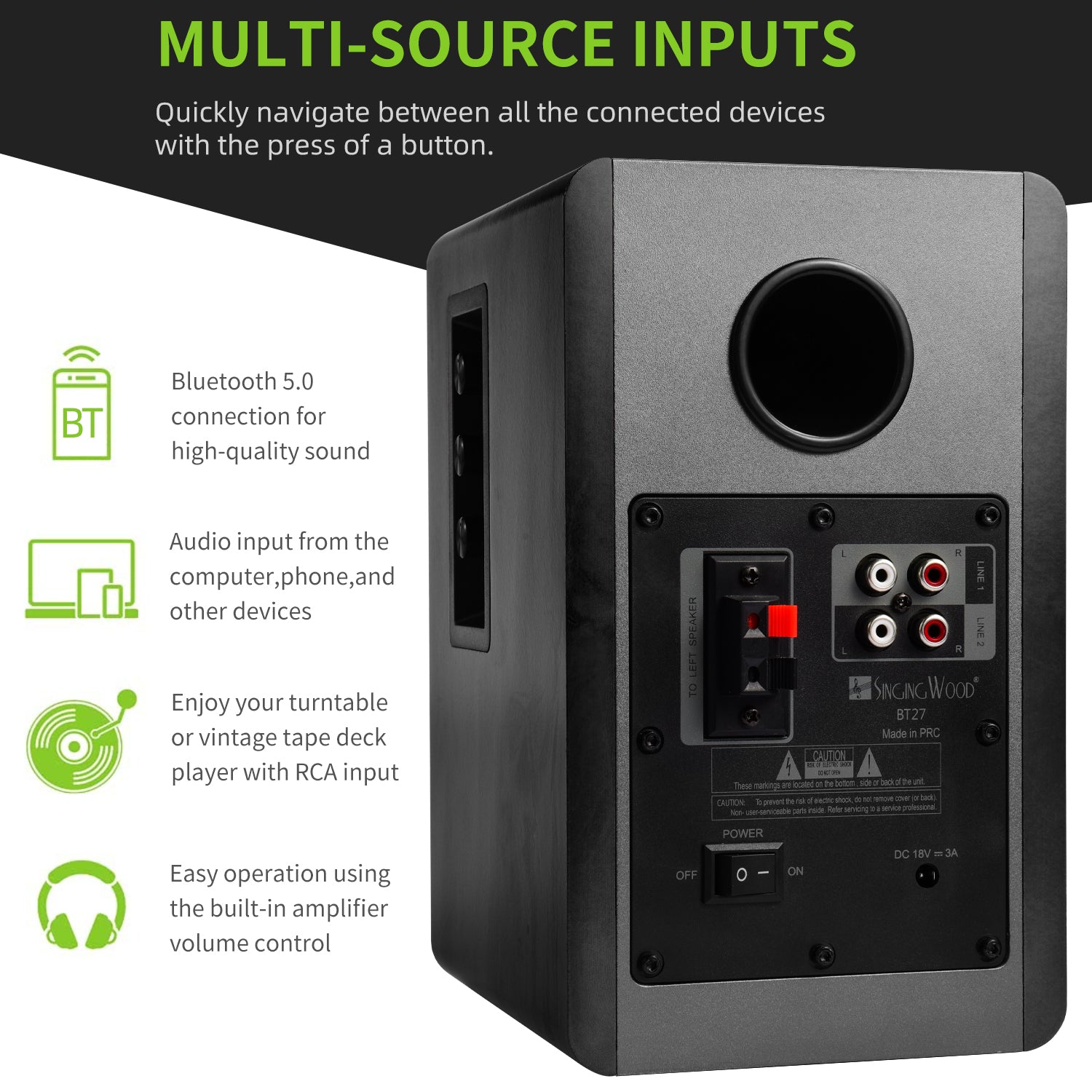 Singing Wood BT27 Powered Bluetooth Bookshelf Speaker - Black