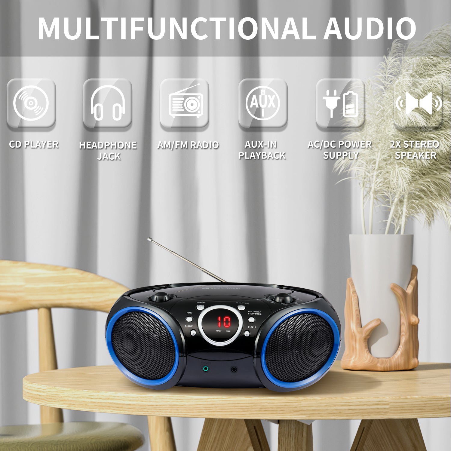 SBX030C Portable CD Player Boombox  (Blue Rims)
