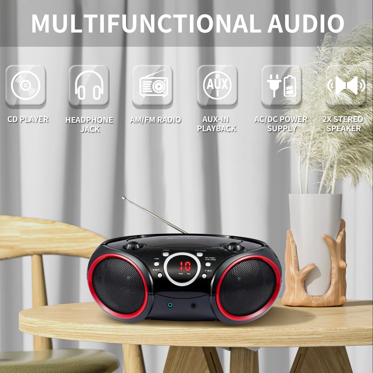SBX030C Portable CD Player Boombox  (Red Rims)