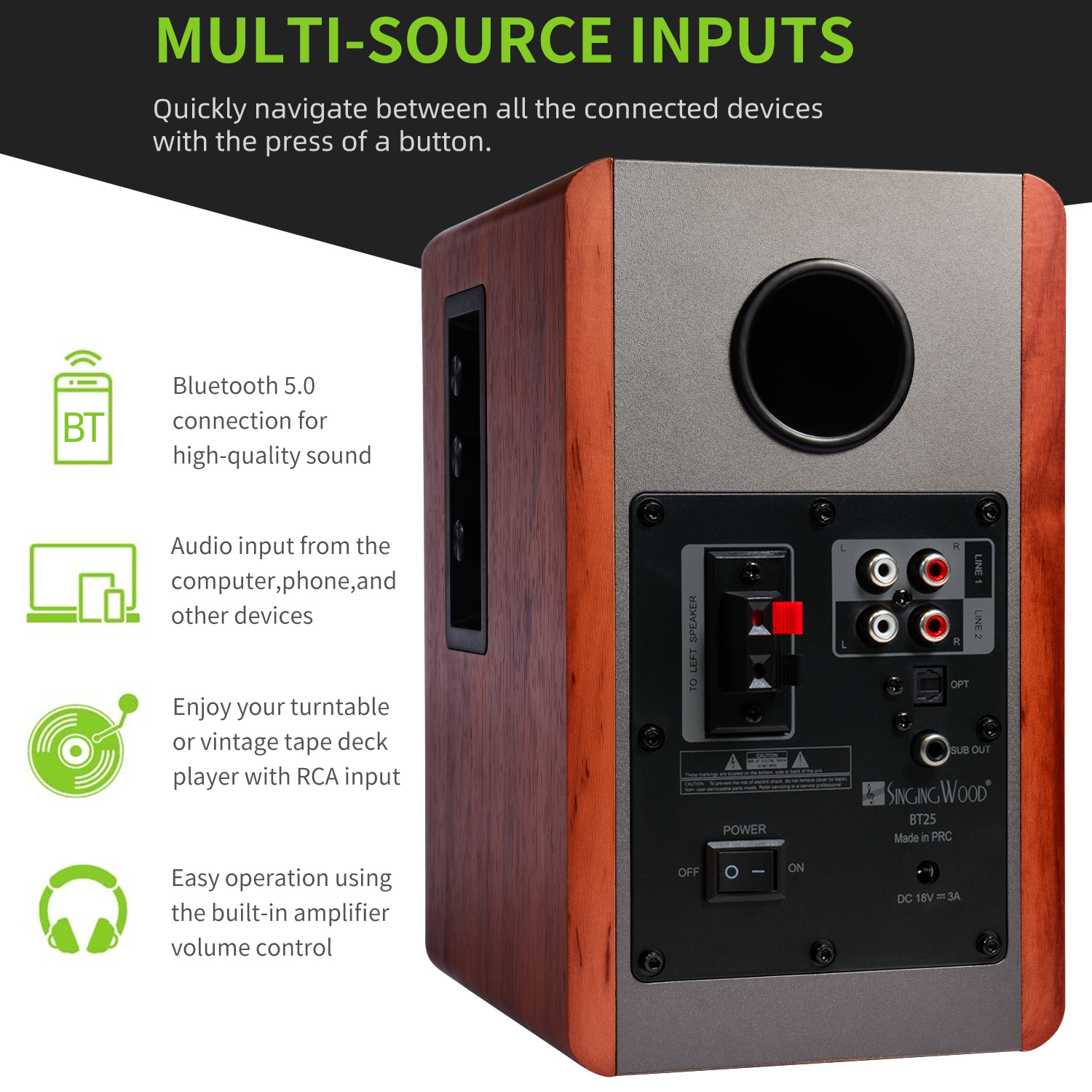 Singing Wood BT25 Active Bluetooth Bookshelf Speaker 80W - Cherry Wood