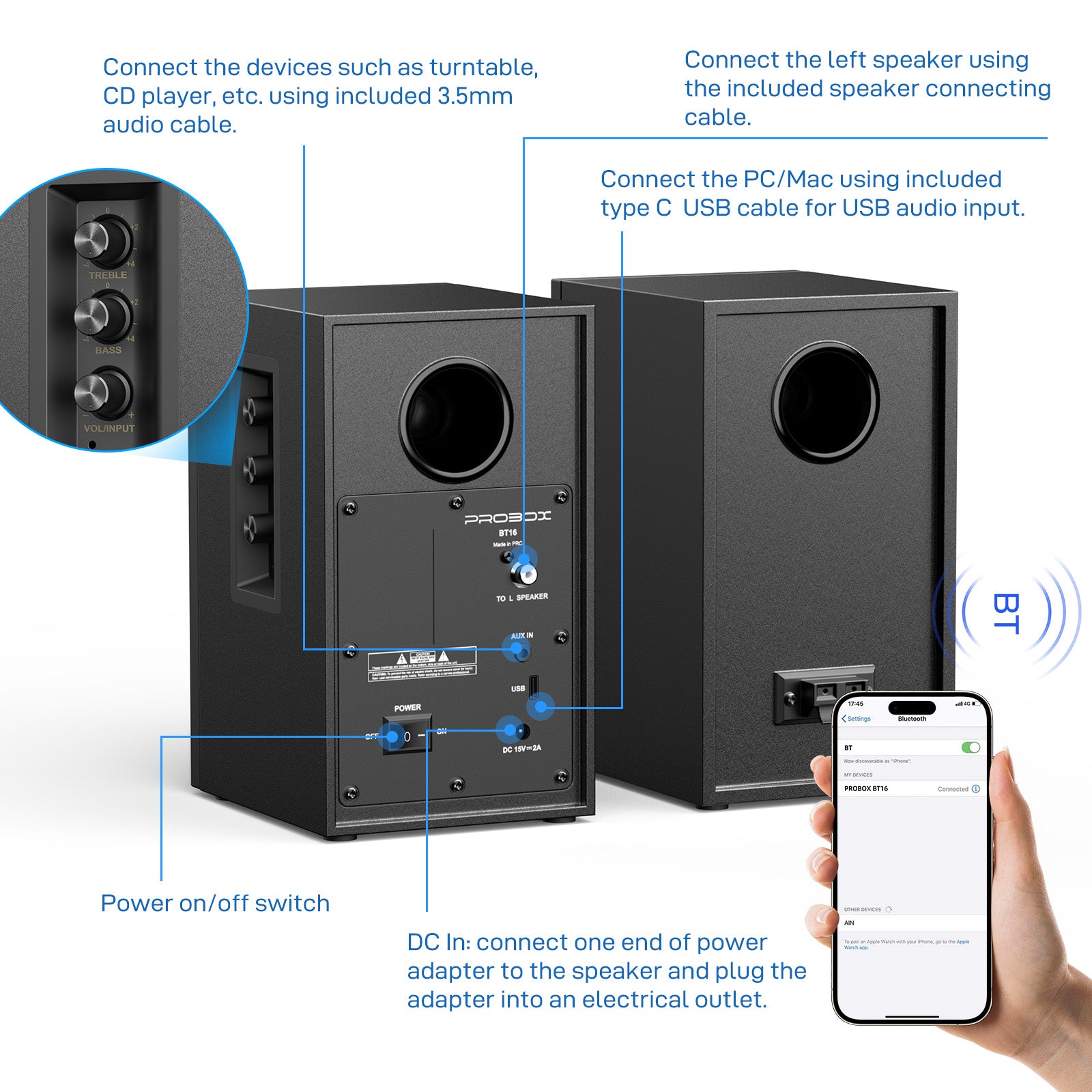 BT16 HiFi Bookshelf Speakers for Computer Gaming PC Speakers - Black