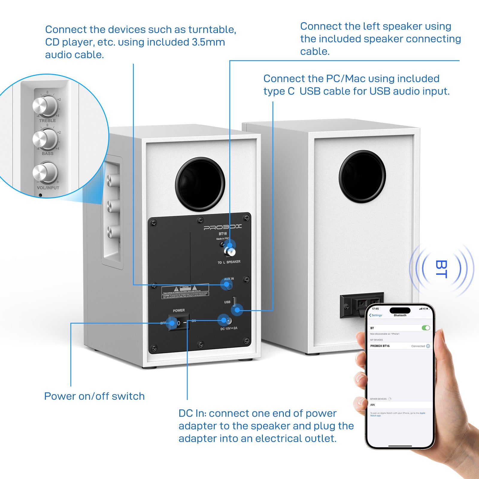 BT16 HiFi Bookshelf Speakers for Computer Gaming PC Speakers - White