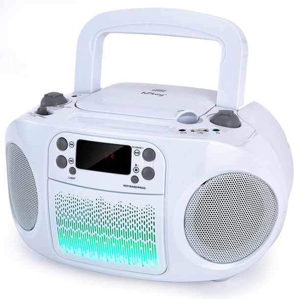 GC09 Kids Boombox, Top Loading CD Player, Bluetooth connectivity for Smartphones - White