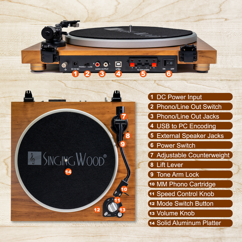 SingingWood Audio VP42AS Bluetooth Turntable Hi-Fi with 44 Watt Bookshelf Speakers - Beech Wood