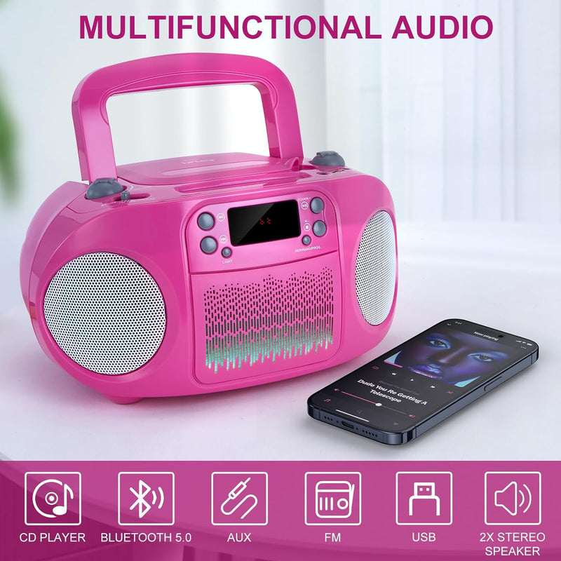 GC09 Kids Boombox, Top Loading CD Player, Bluetooth connectivity for Smartphones - Pink
