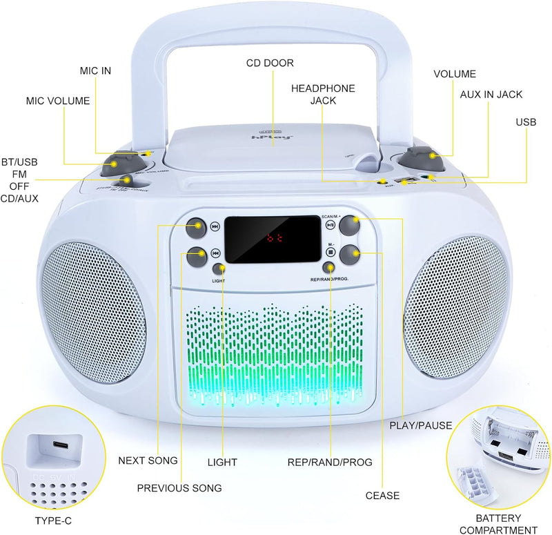 GC09 Kids Boombox, Top Loading CD Player, Bluetooth connectivity for Smartphones - White