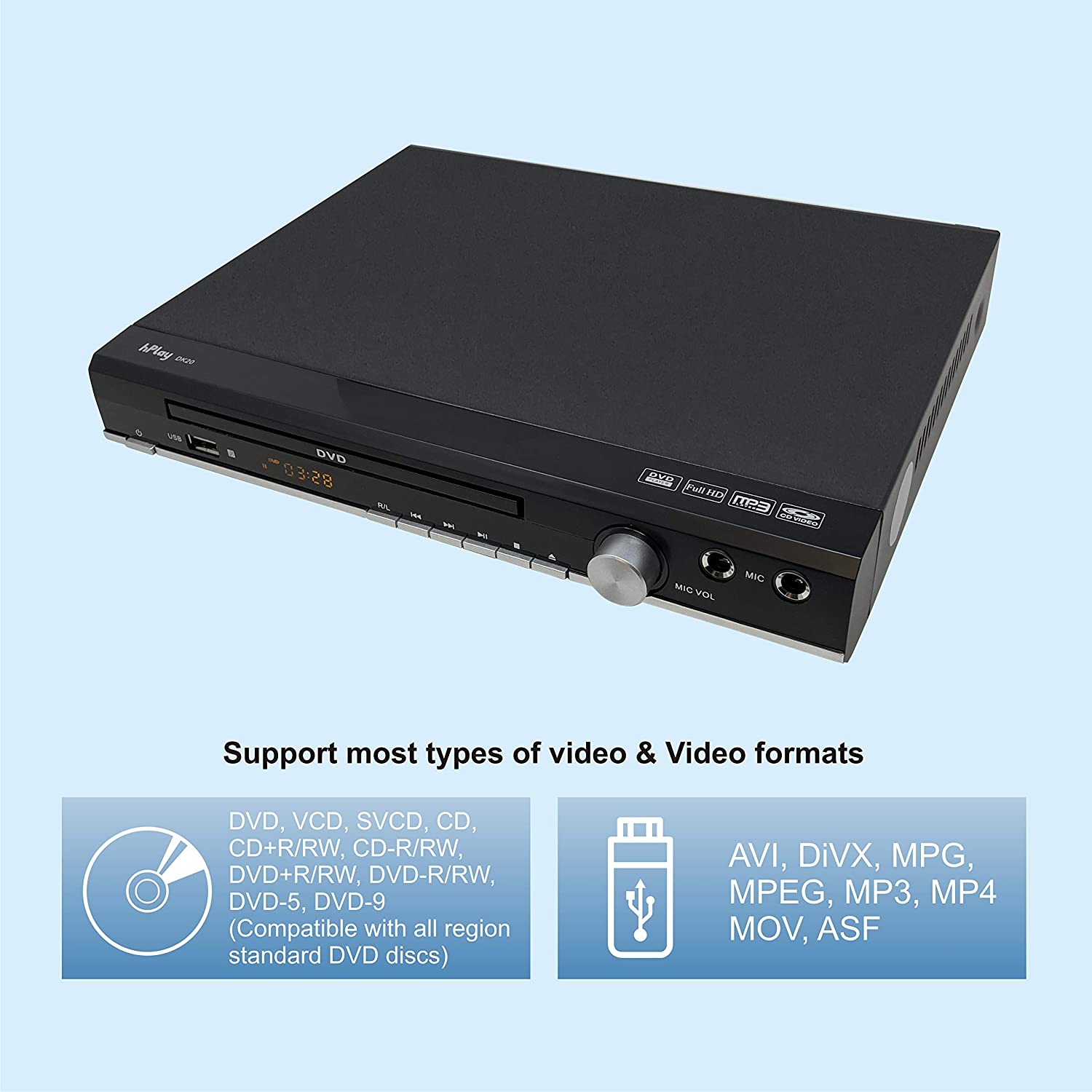 hPlay DK20 Up-Convert to 1080P DVD, CD Multimedia Player, Region Free, 2 Microphone Input