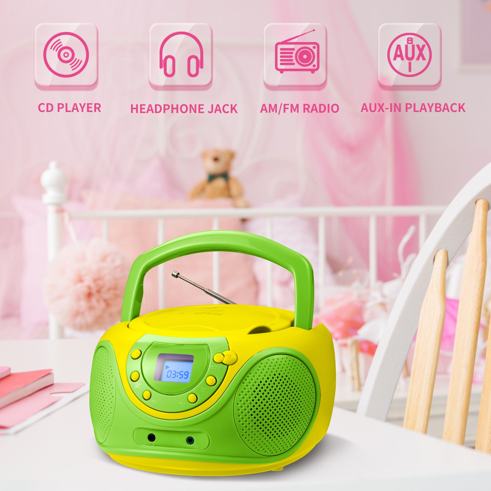 hPlay P16 Portable CD Player Boombox AM FM Digital Tuning Radio (Lime)