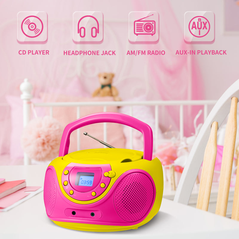 hPlay P16 Portable CD Player Boombox AM FM Digital Tuning Radio (Pink)