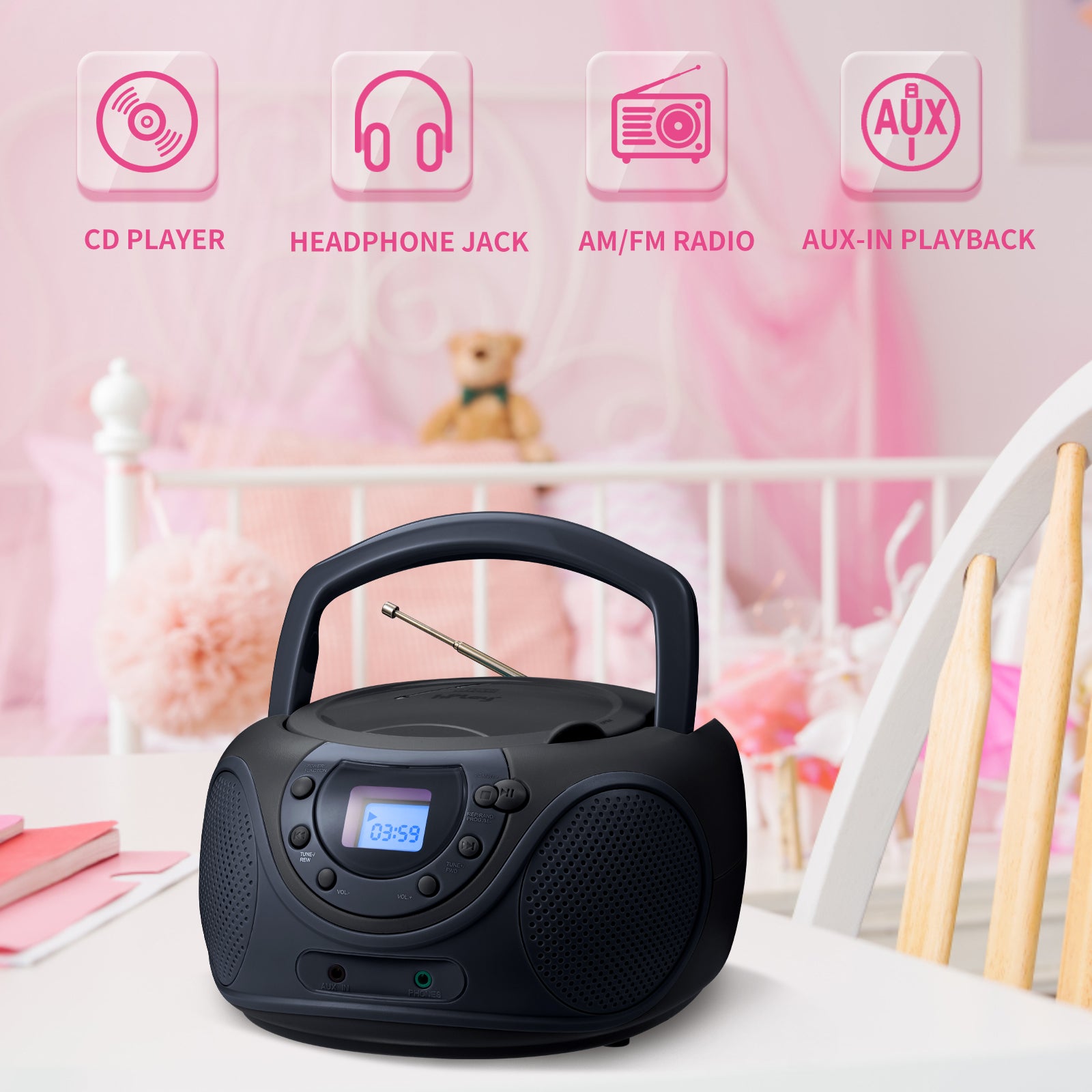 hPlay P16 Portable CD Player Boombox AM FM Digital Tuning Radio (Space Grey)