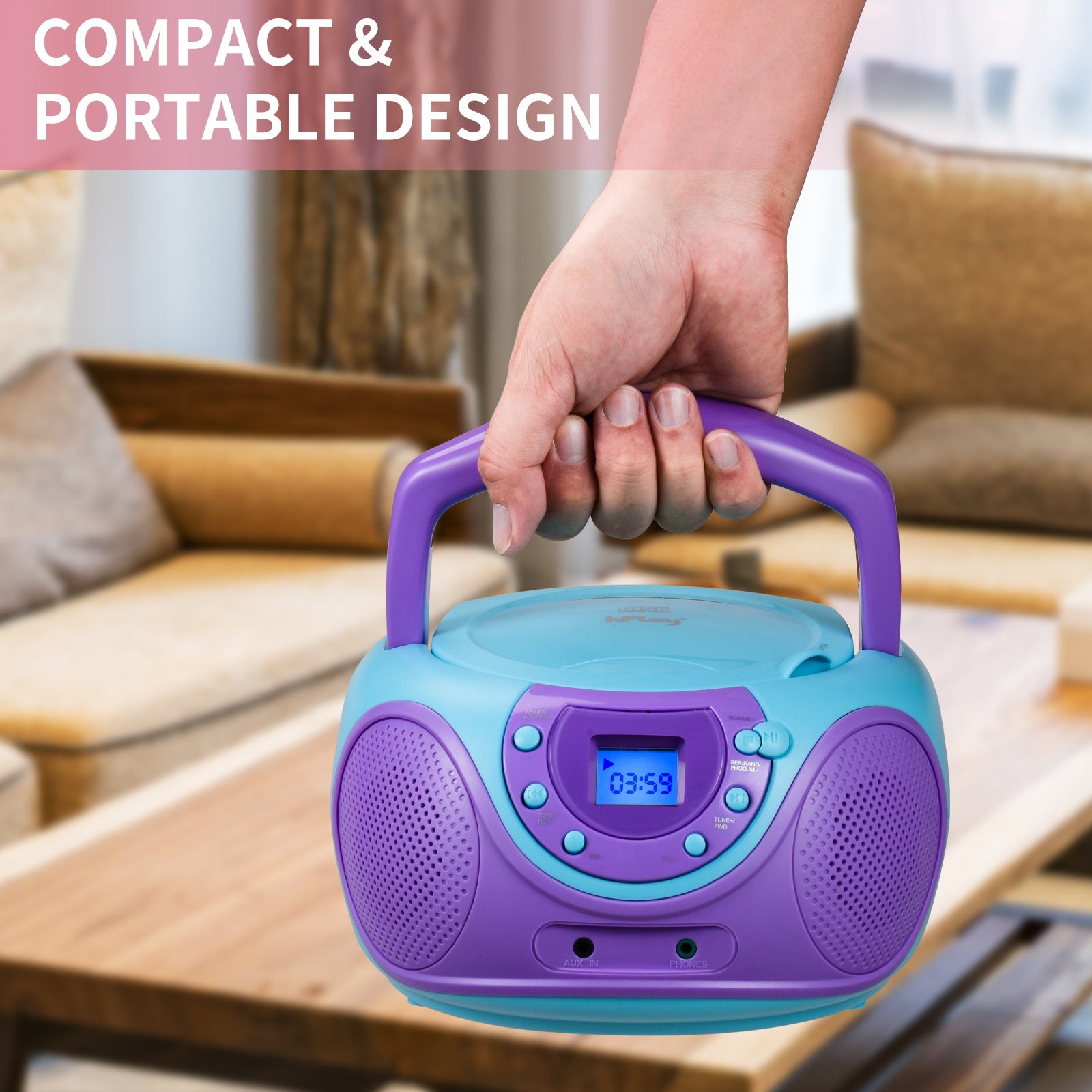 hPlay P16 Portable CD Player Boombox AM FM Digital Tuning Radio (Violet)