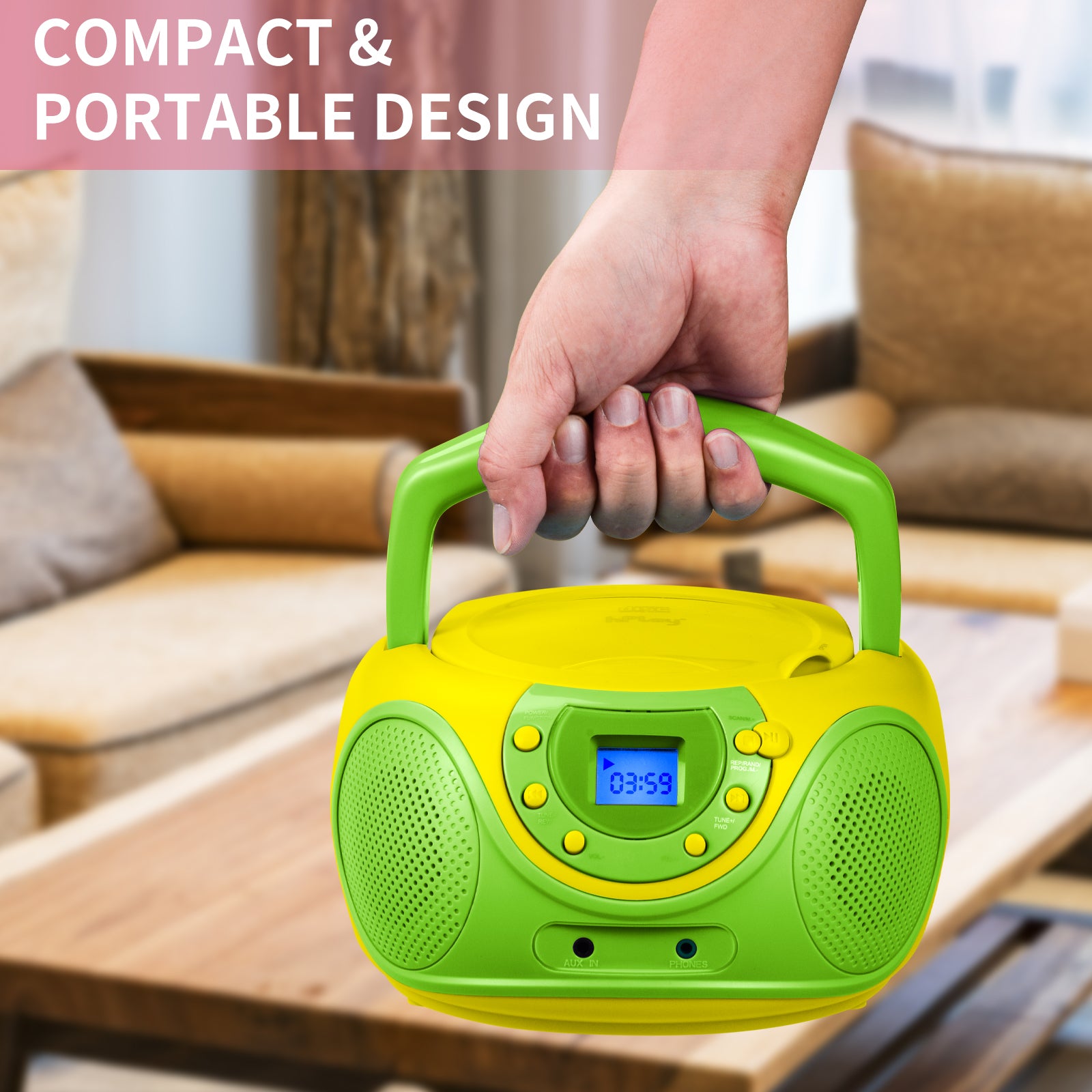 hPlay P16 Portable CD Player Boombox AM FM Digital Tuning Radio (Lime)