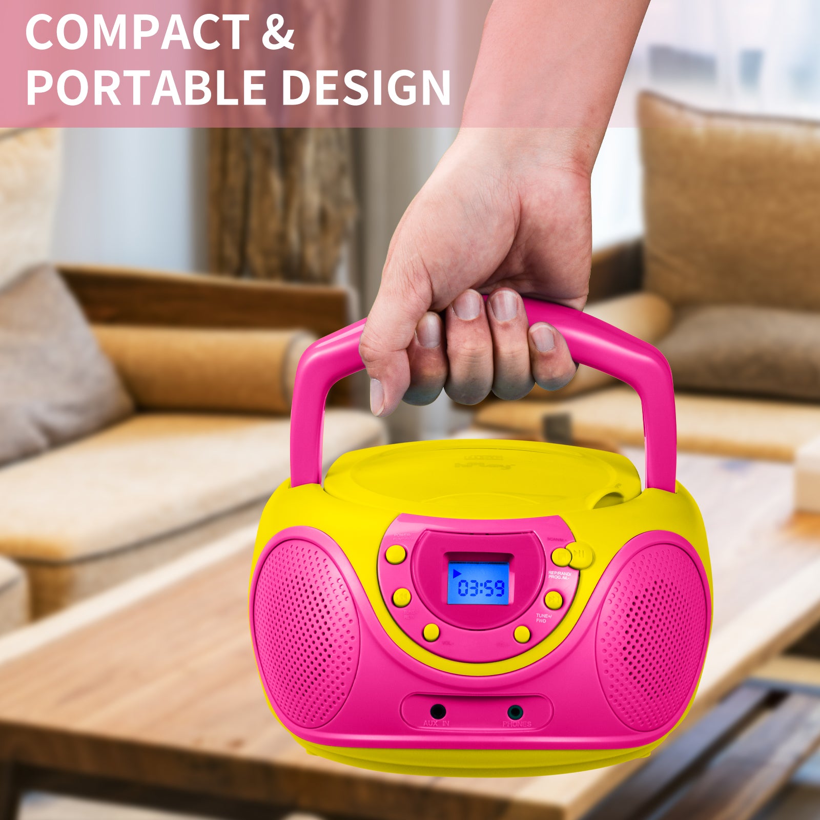 hPlay P16 Portable CD Player Boombox AM FM Digital Tuning Radio (Pink)