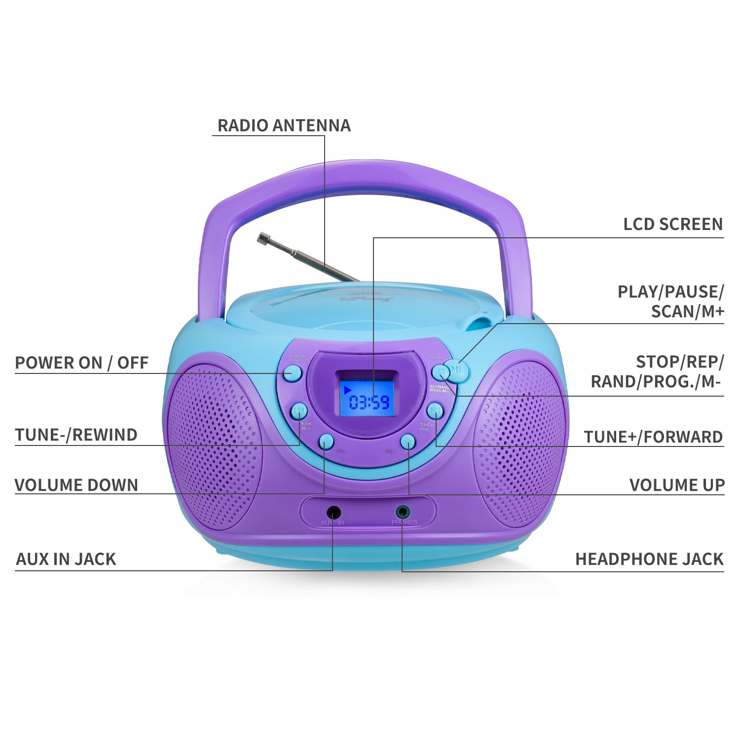 hPlay P16 Portable CD Player Boombox AM FM Digital Tuning Radio (Violet)