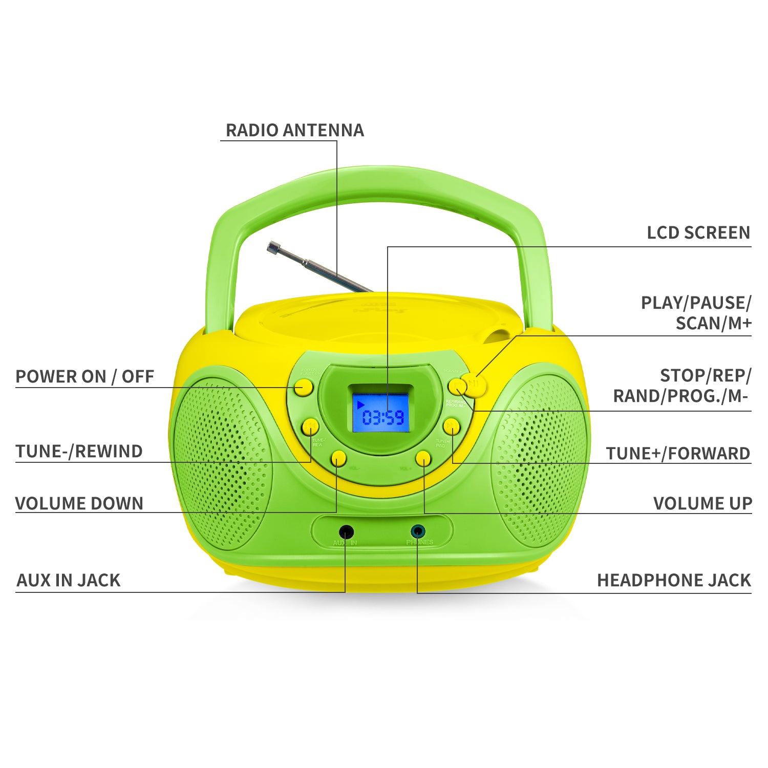 hPlay P16 Portable CD Player Boombox AM FM Digital Tuning Radio (Lime)