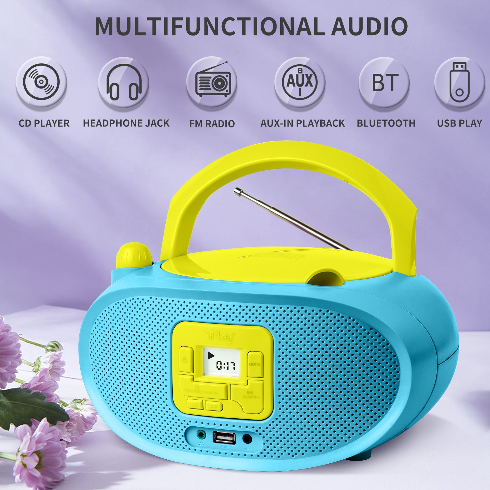 hPlay Gummy GC04B Portable CD Player Boombox with FM Stereo Radio & USB Playback - Cyan