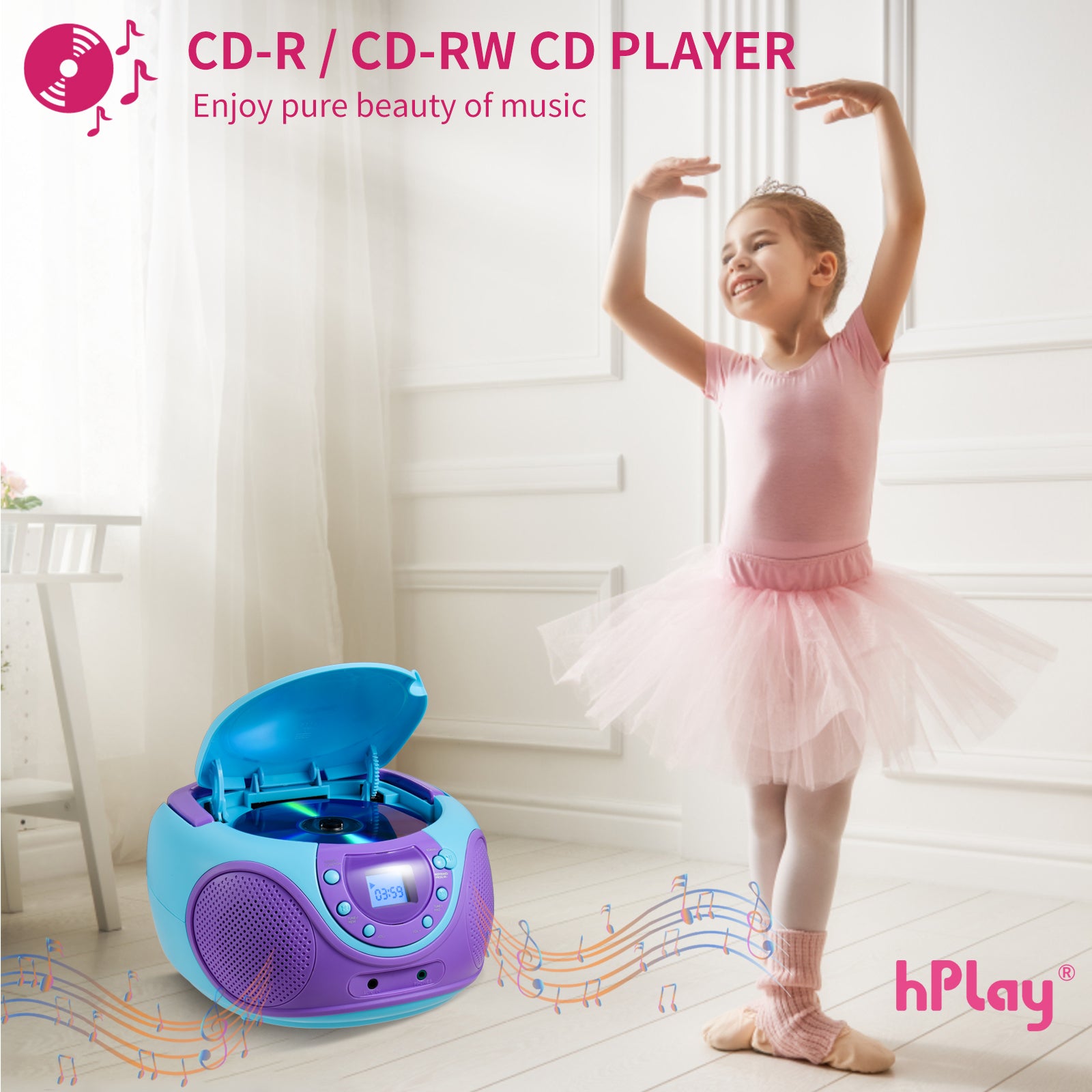 hPlay P16 Portable CD Player Boombox AM FM Digital Tuning Radio (Violet)