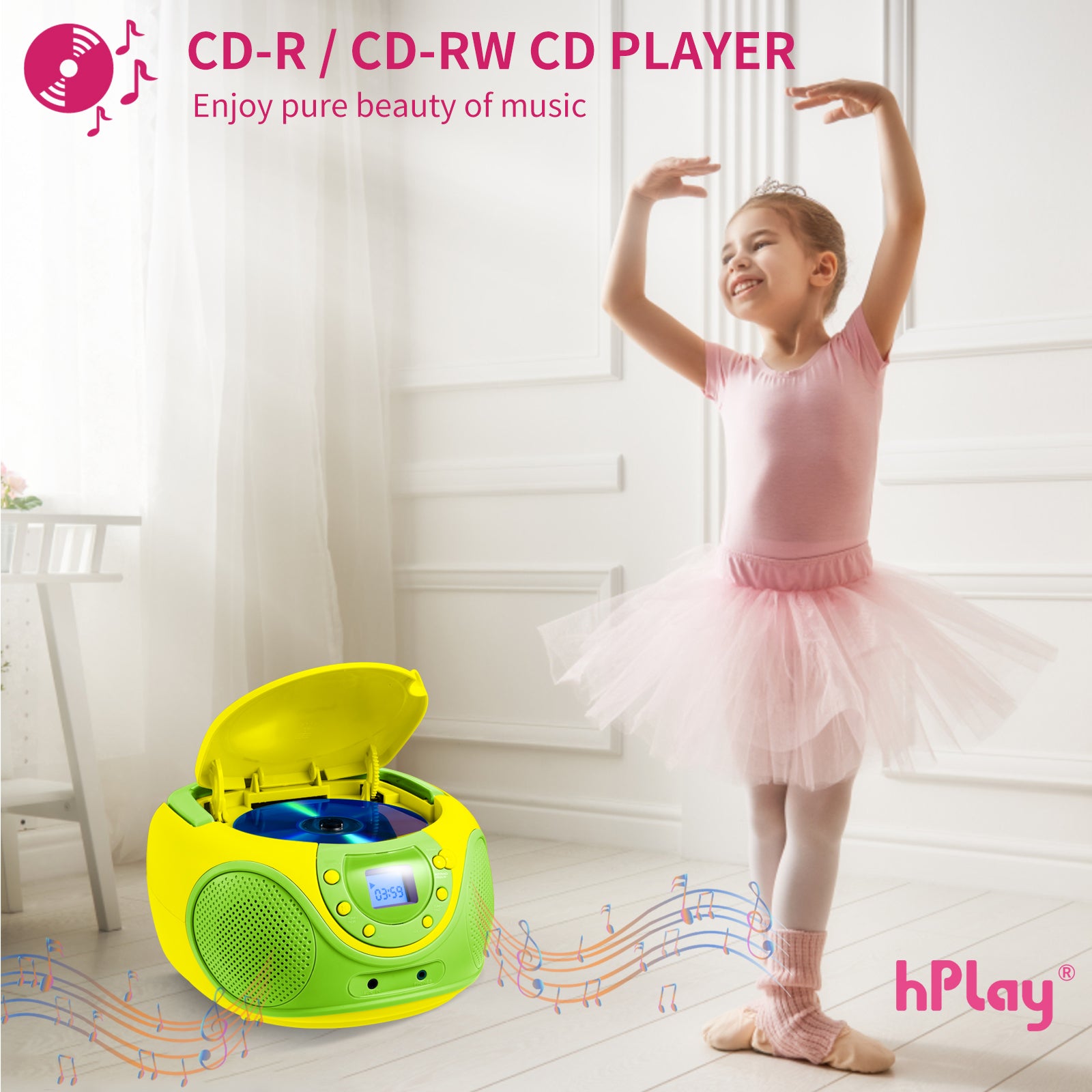 hPlay P16 Portable CD Player Boombox AM FM Digital Tuning Radio (Lime)