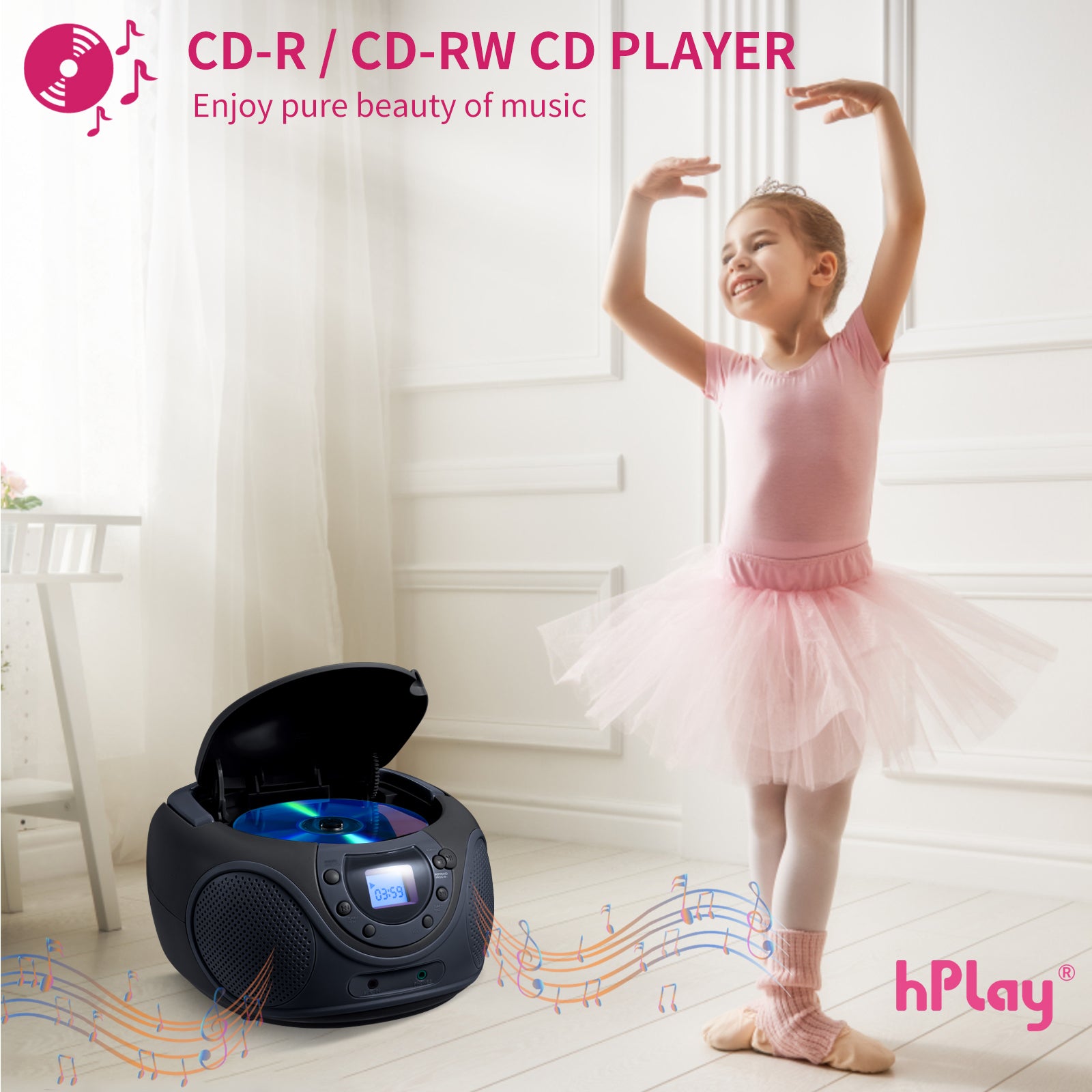 hPlay P16 Portable CD Player Boombox AM FM Digital Tuning Radio (Space Grey)