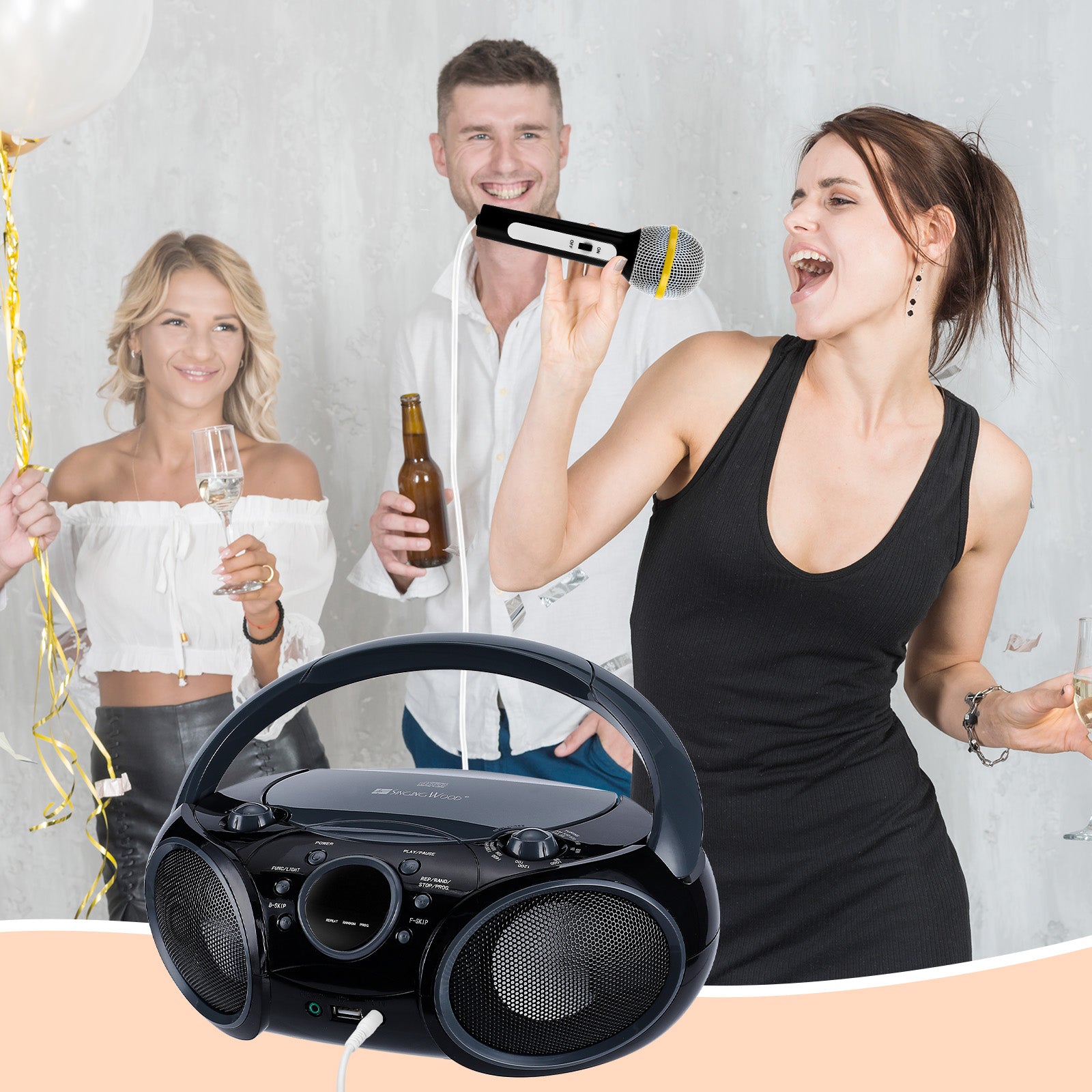 SingingWood NP030AB Portable Karaoke System, Portable CD Player Boombox - Black