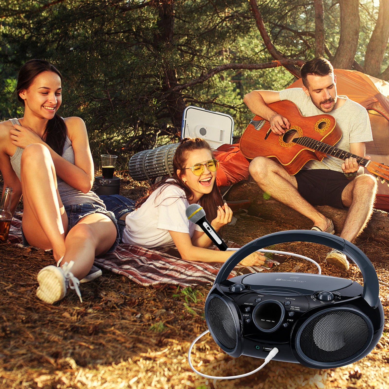 SingingWood NP030AB Portable Karaoke System, Portable CD Player Boombox - Black