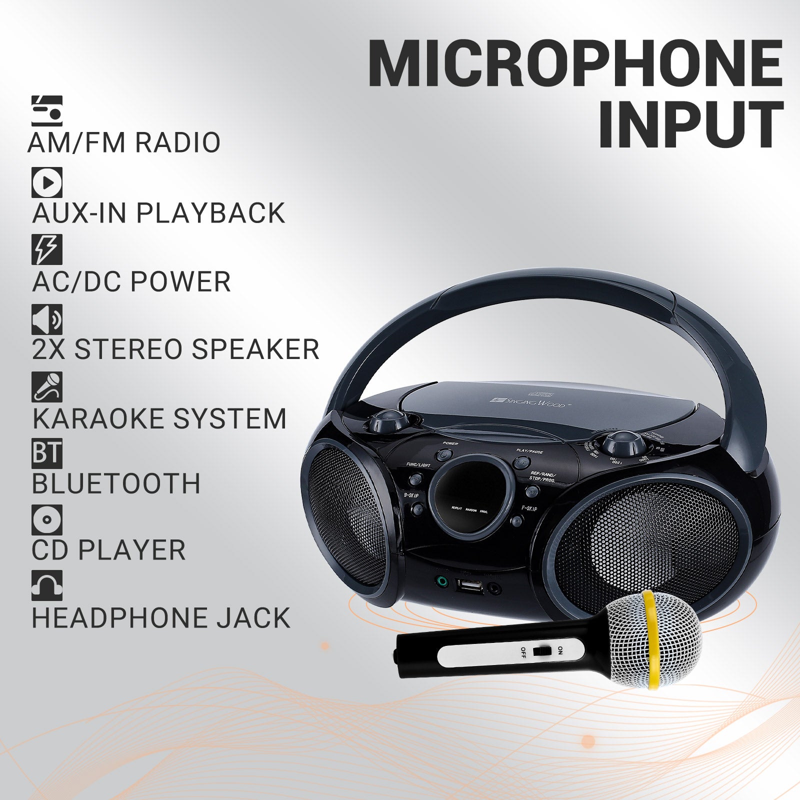 SingingWood NP030AB Portable Karaoke System, Portable CD Player Boombox - Black